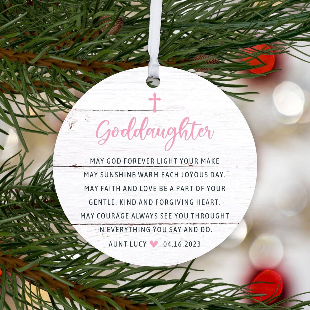 Personalized Unique Wooden Baptism Ornament Gift for Goddaughter - May God Forever Light - LifeSong Milestones