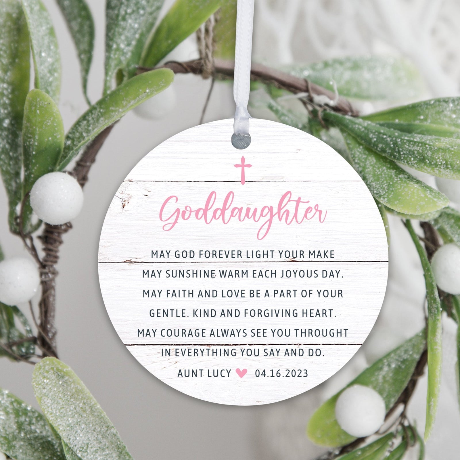 Personalized Unique Wooden Baptism Ornament Gift for Goddaughter - May God Forever Light - LifeSong Milestones