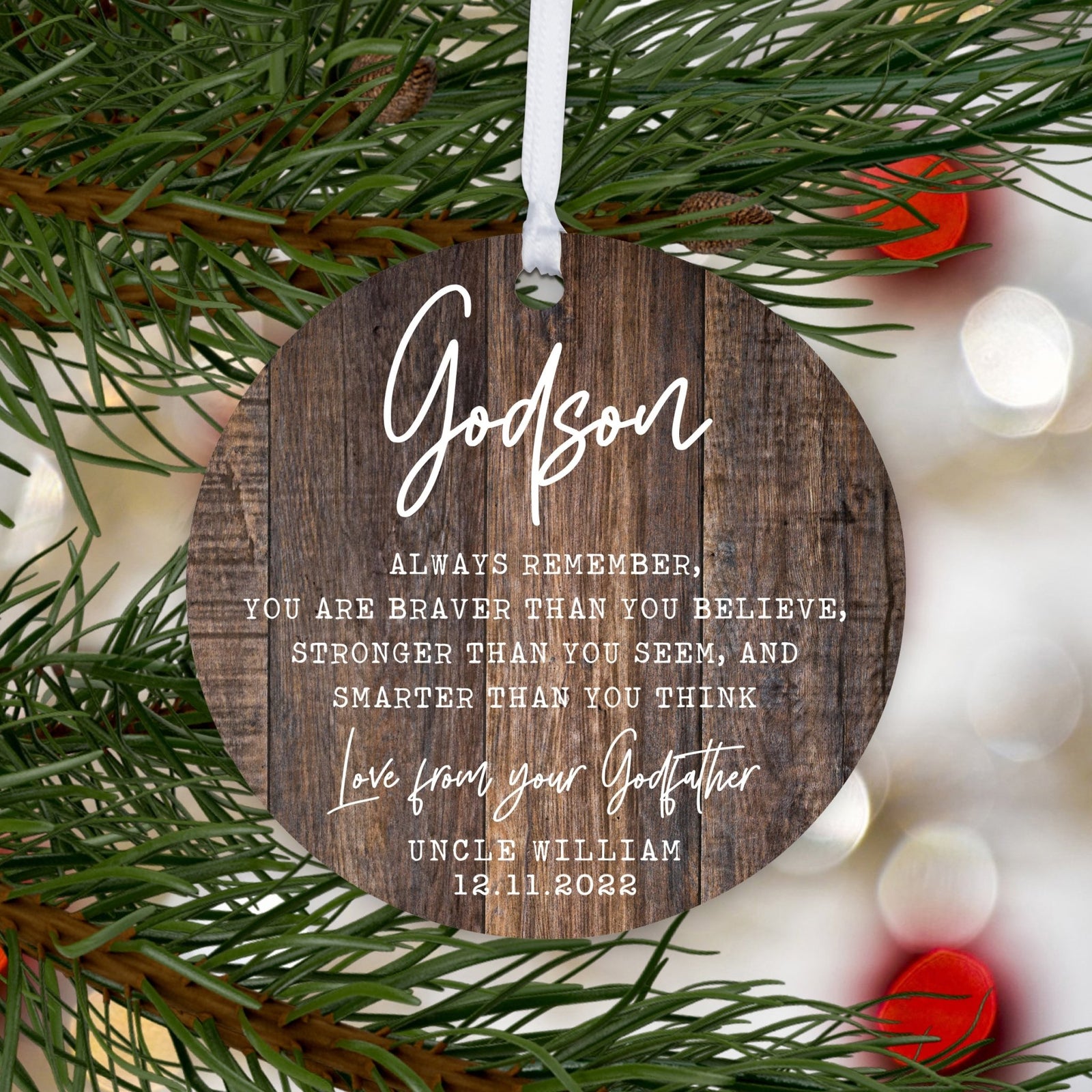 Personalized Unique Wooden Baptism Ornament Gift for Godson - Always Remember You Are Braver - LifeSong Milestones