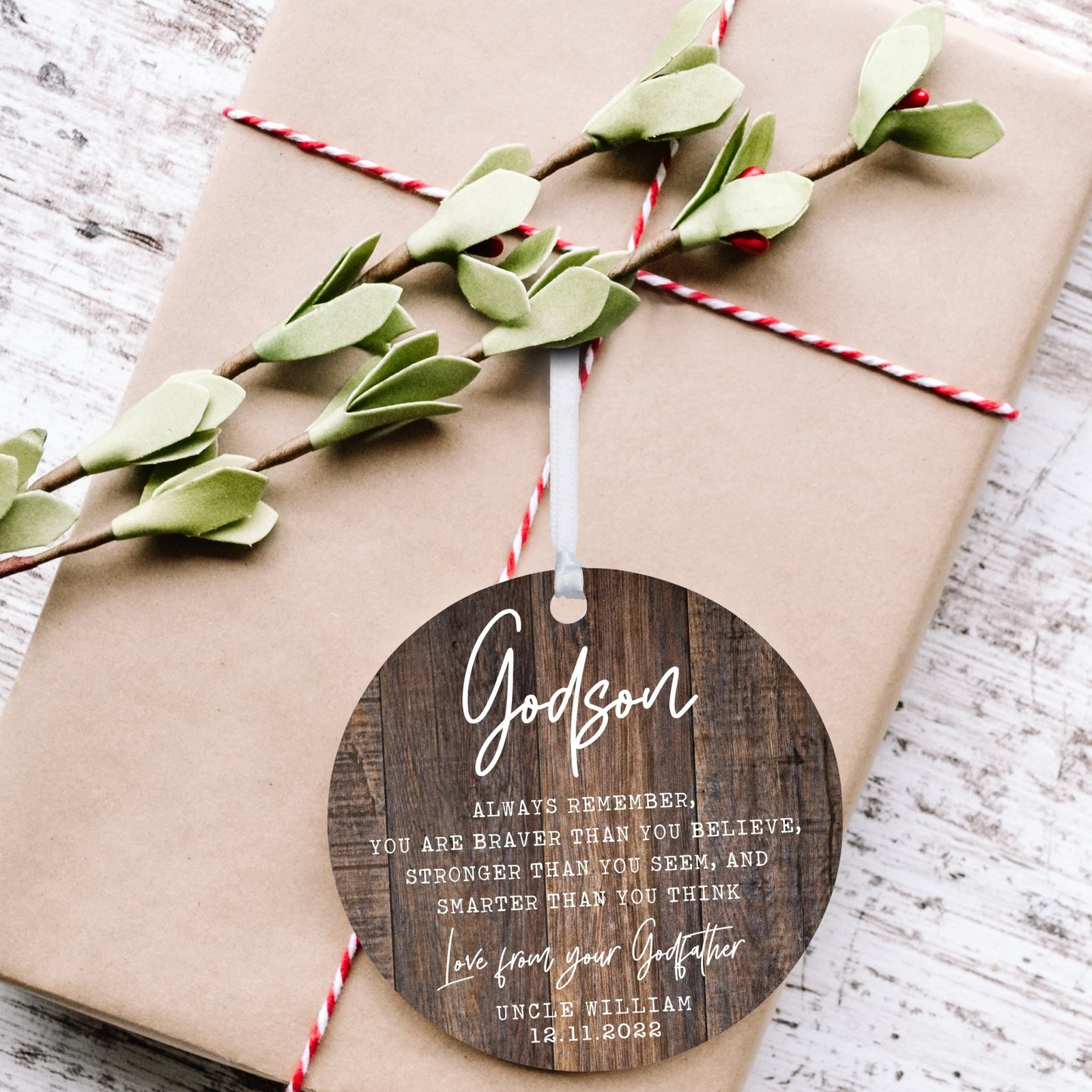 Personalized Unique Wooden Baptism Ornament Gift for Godson - Always Remember You Are Braver - LifeSong Milestones