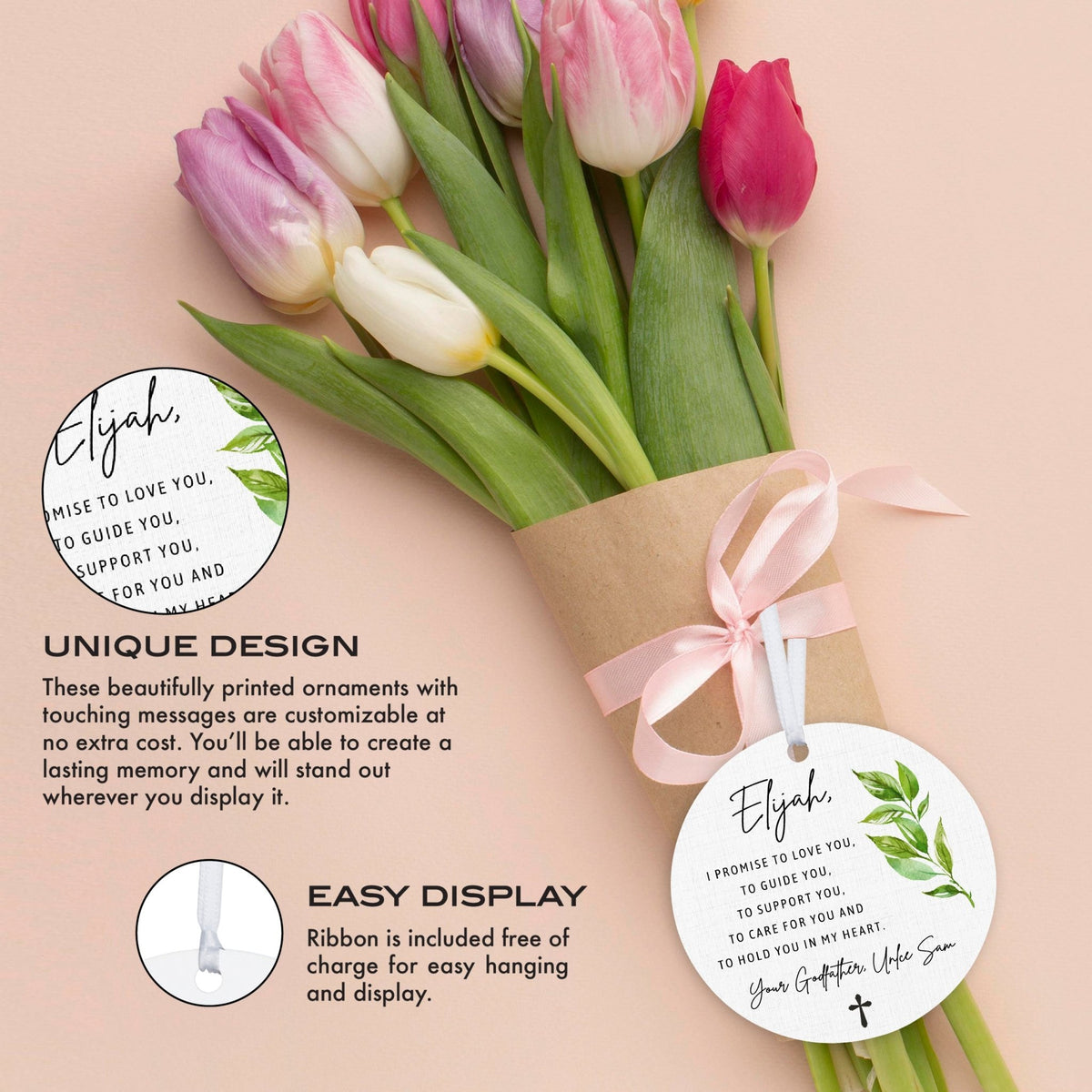 Personalized Unique Wooden Baptism Ornament Gift for Godson - I Promise To Love You - LifeSong Milestones