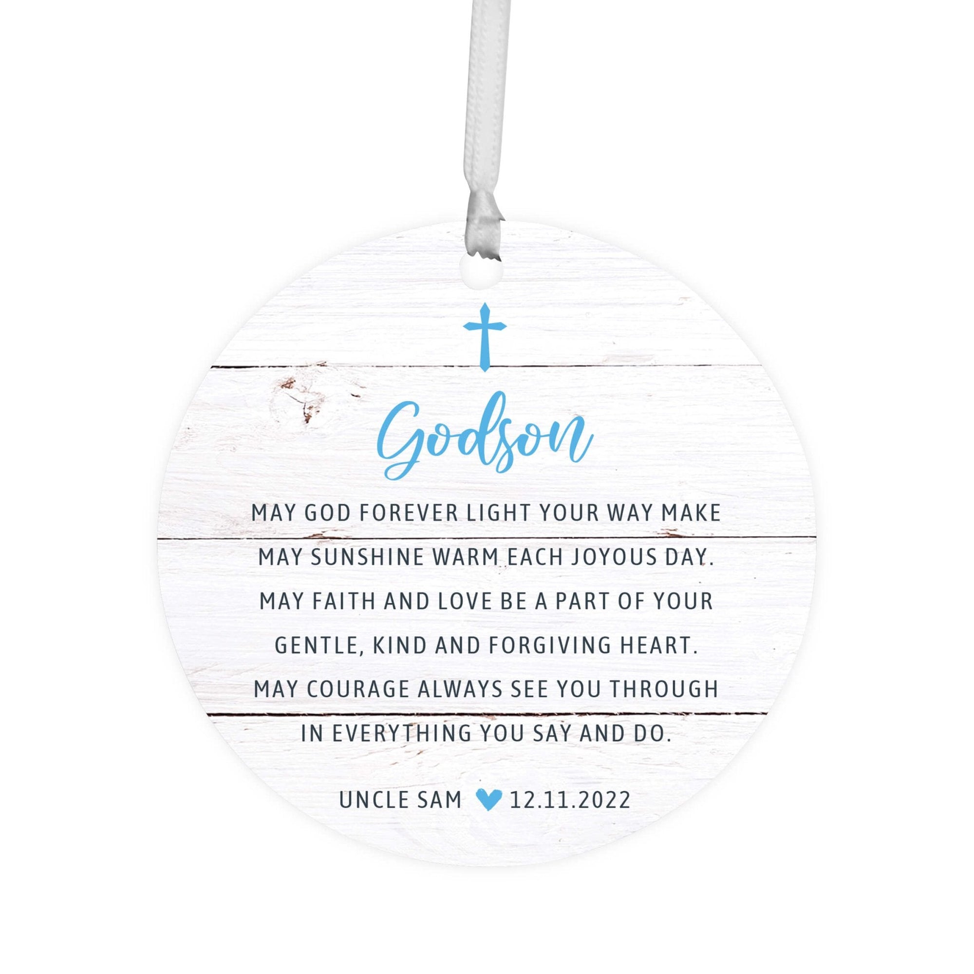 Personalized Unique Wooden Baptism Ornament Gift for Godson - May God Forever Light - LifeSong Milestones