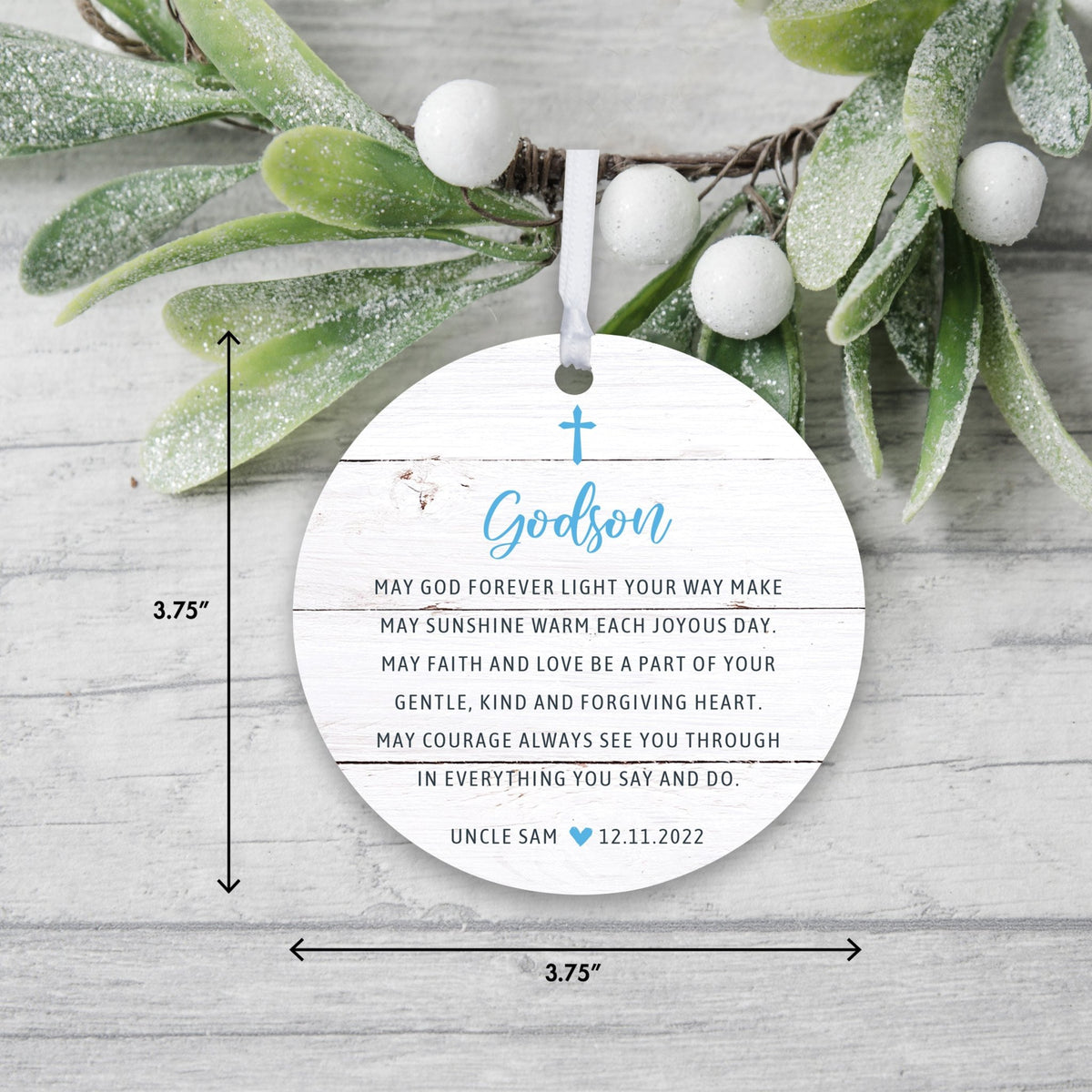 Personalized Unique Wooden Baptism Ornament Gift for Godson - May God Forever Light - LifeSong Milestones