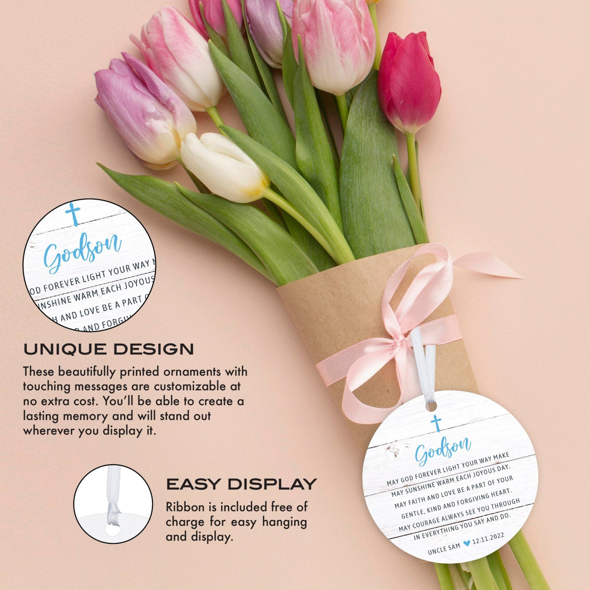 Personalized Unique Wooden Baptism Ornament Gift for Godson - May God Forever Light - LifeSong Milestones