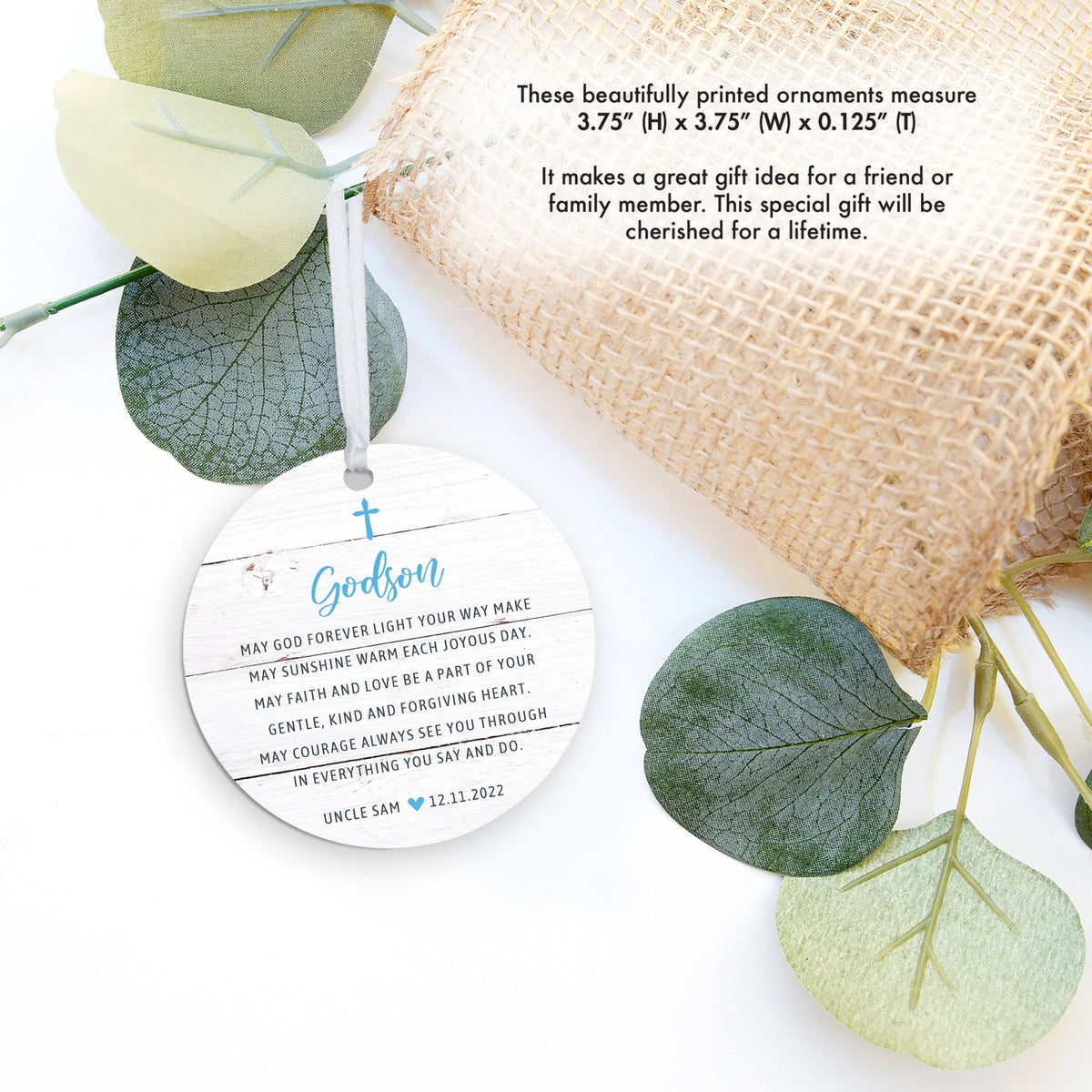 Personalized Unique Wooden Baptism Ornament Gift for Godson - May God Forever Light - LifeSong Milestones