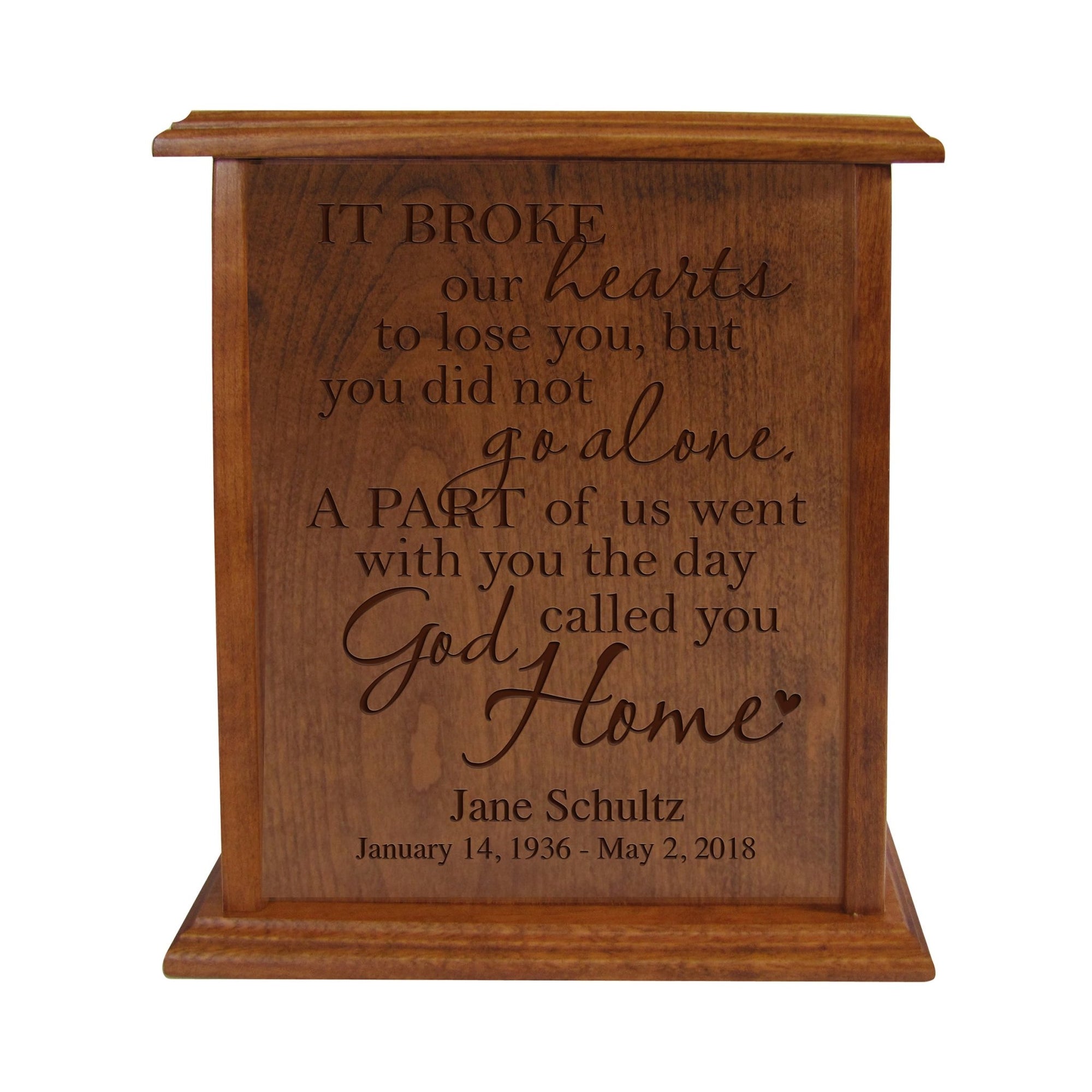 Personalized Vertical Cherry Urn for Loss of Loved One 9.75 x 8.5 - It Broke Our Hearts - LifeSong Milestones