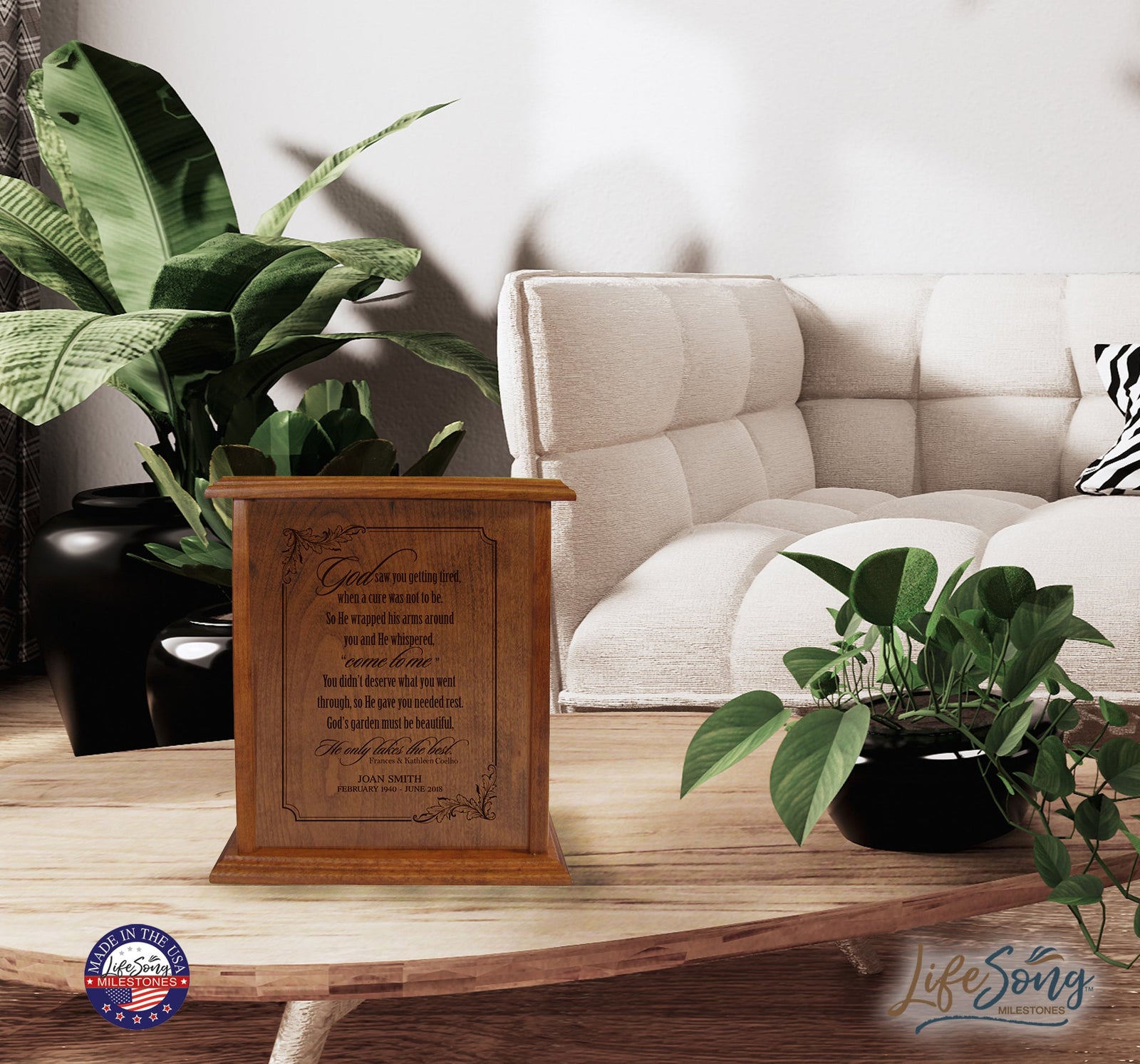 Personalized Vertical Cremation Urn Box for Human Ashes - God Saw You Getting Tired - LifeSong Milestones