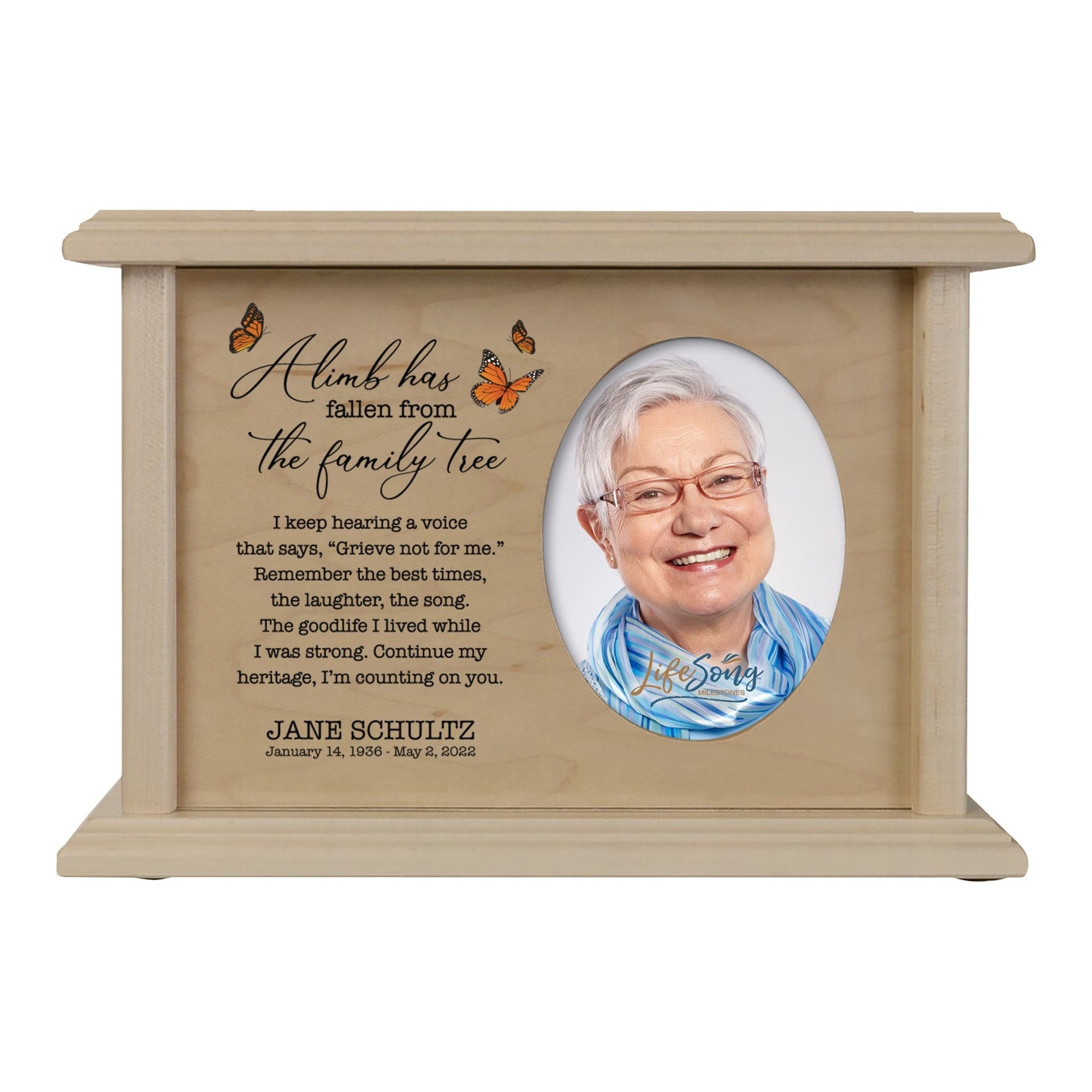 Personalized Vintage-Inspired Memorial Cremation Wooden Oval Photo Urn For Human Ashes - A Limb Has fallen - LifeSong Milestones