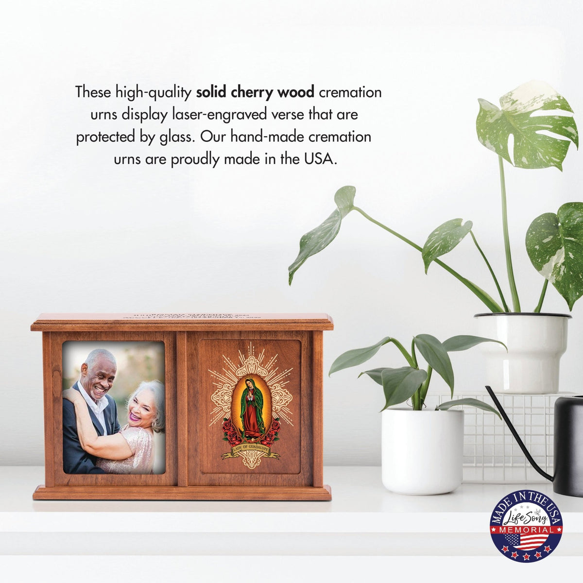 Various wooden urns for ashes including custom, engraved, and personalized options, suitable for funeral memorials and as keepsakes