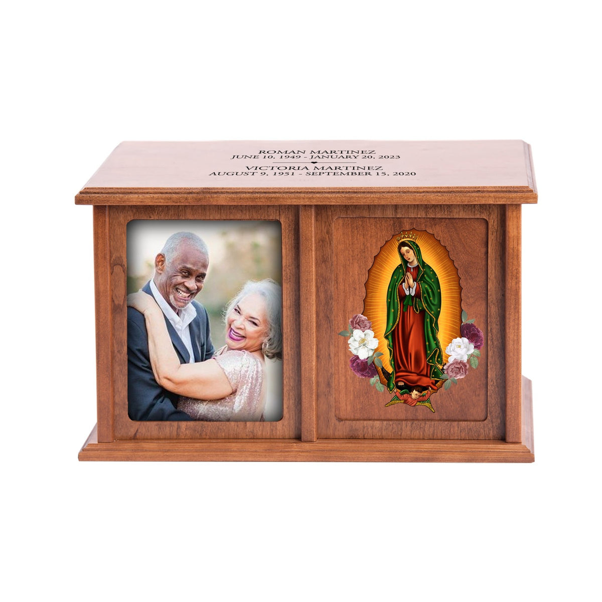 Personalized cremation urn for couples with dual photo frame
