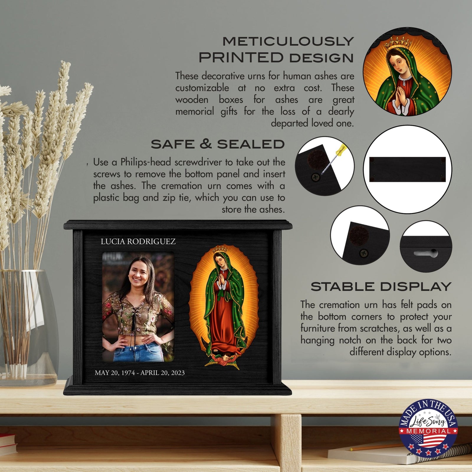 Personalized Virgin Lady of Guadalupe Memorial Cremation Horizontal Urn For Adult Human Ashes In Spanish - LifeSong Milestones