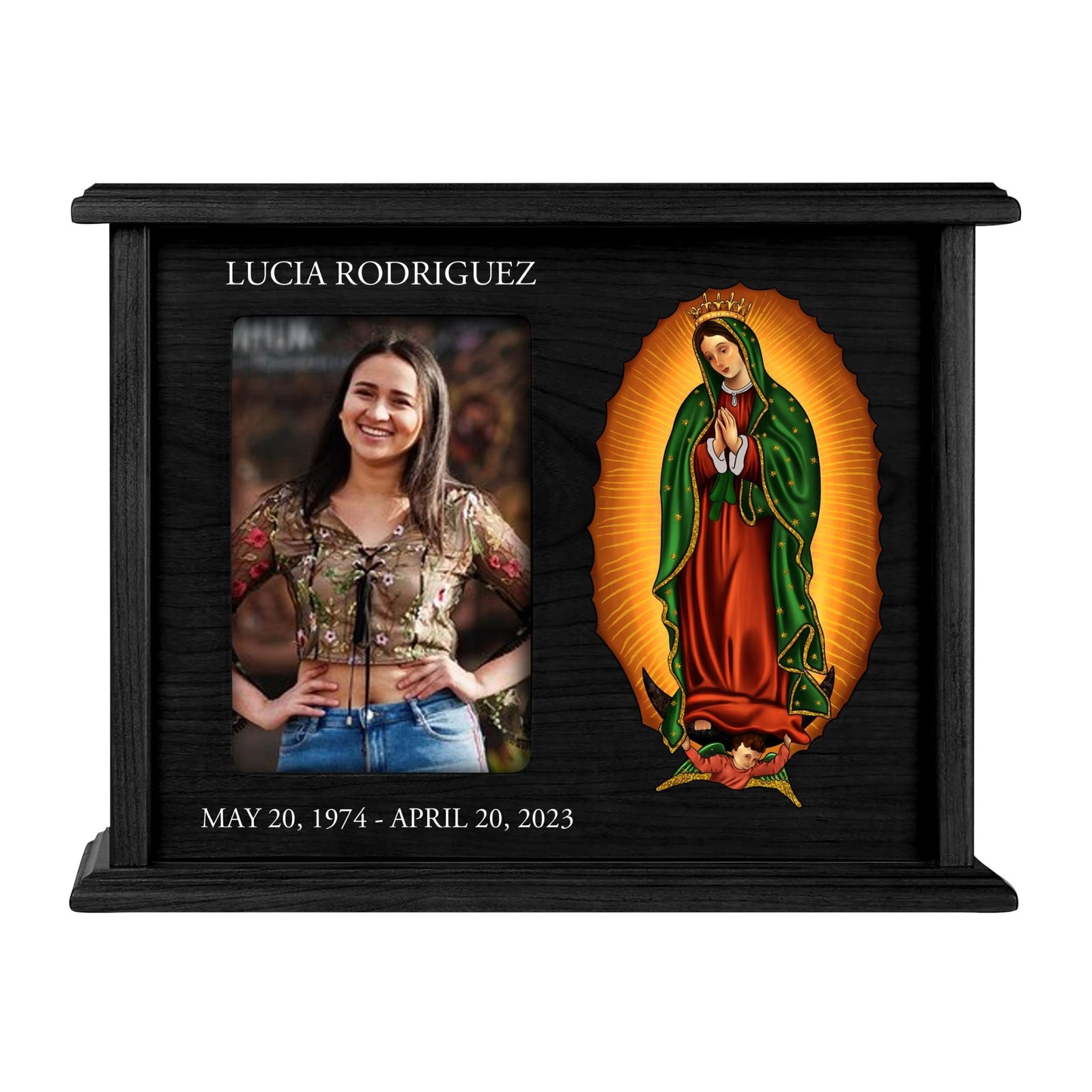Personalized Virgin Lady of Guadalupe Memorial Cremation Horizontal Urn For Adult Human Ashes In Spanish - LifeSong Milestones