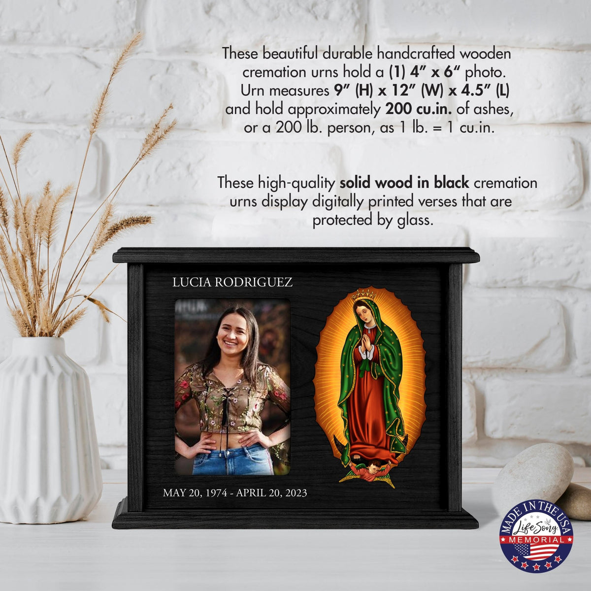 Personalized Virgin Lady of Guadalupe Memorial Cremation Horizontal Urn For Adult Human Ashes In Spanish - LifeSong Milestones