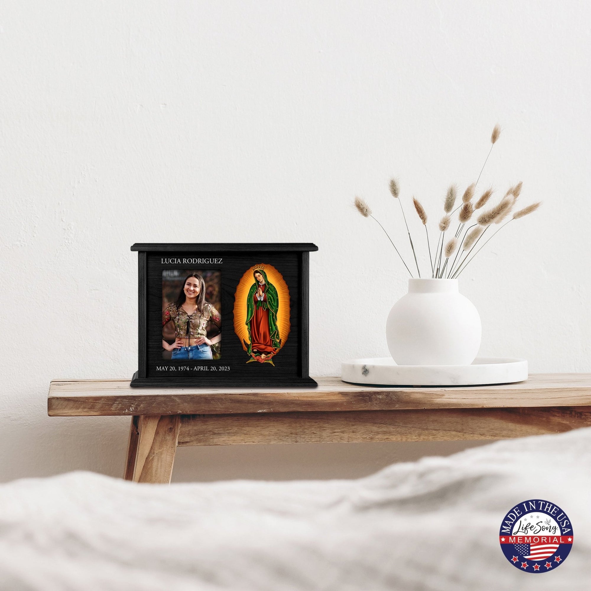 Personalized Virgin Lady of Guadalupe Memorial Cremation Horizontal Urn For Adult Human Ashes In Spanish - LifeSong Milestones