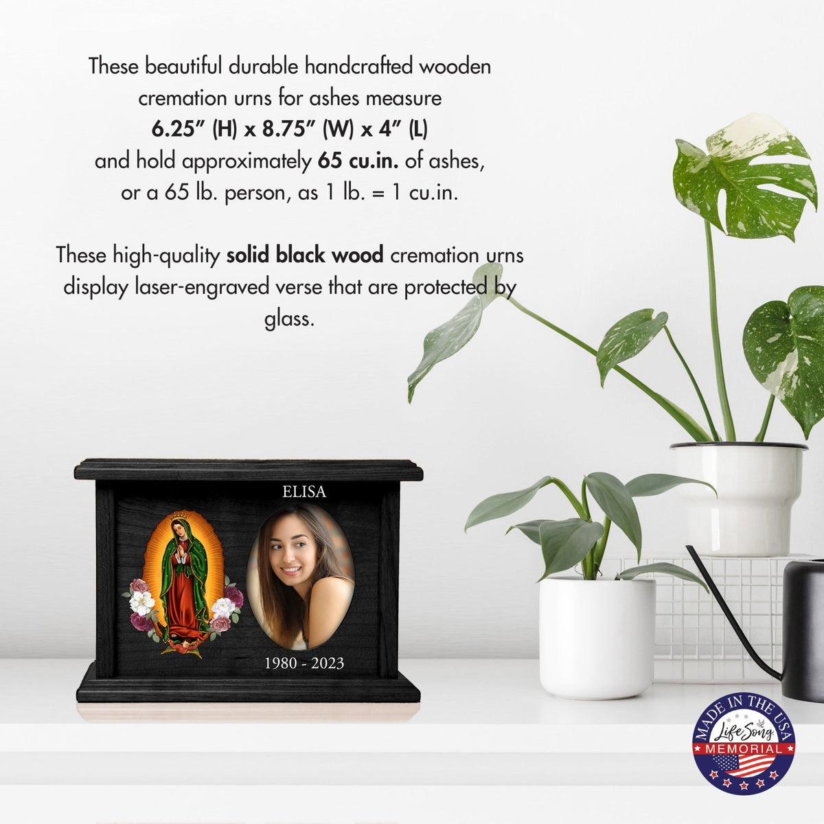 Personalized Virgin Lady of Guadalupe Memorial Cremation Oval Photo Urn For Adult Human Ashes In Spanish - LifeSong Milestones