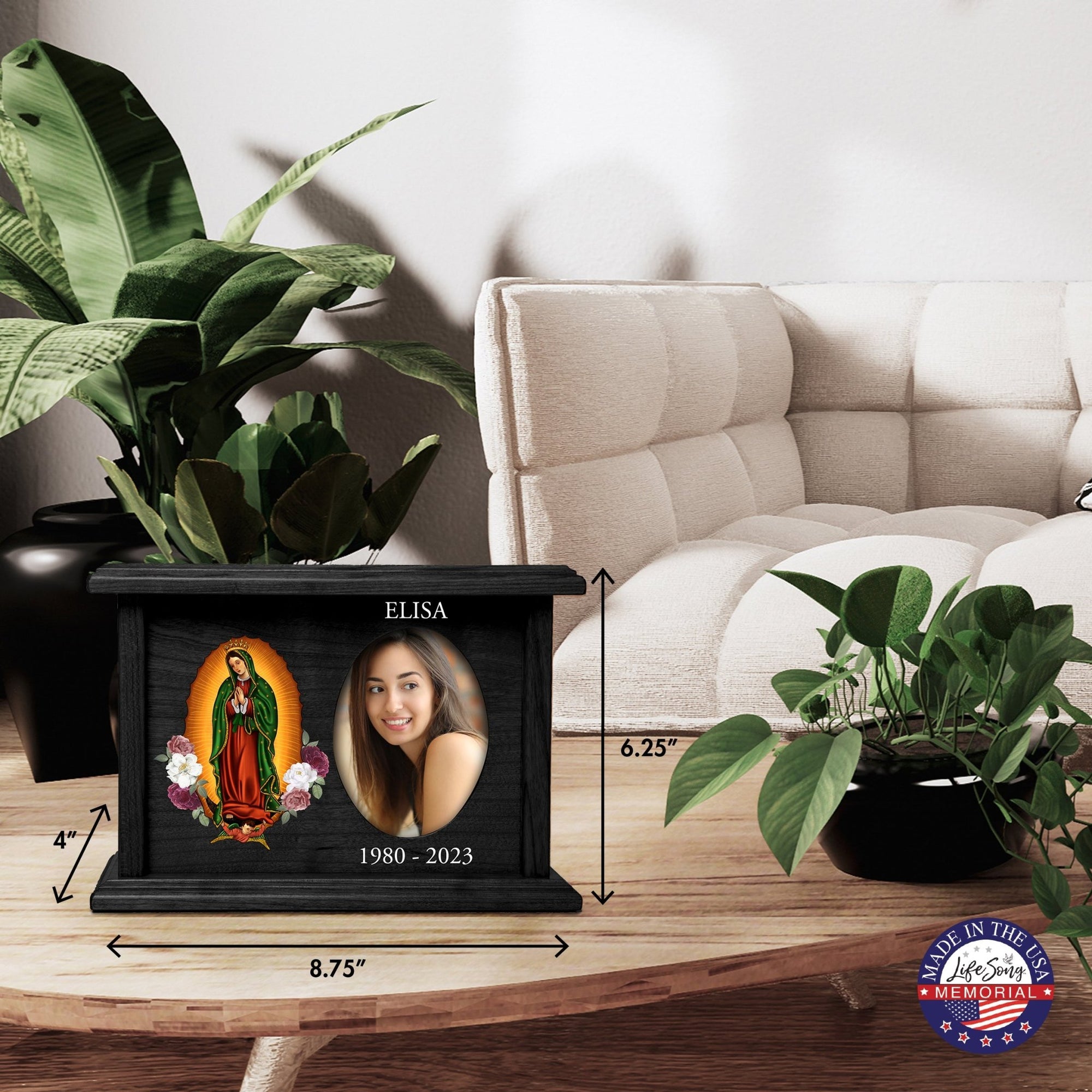 Personalized Virgin Lady of Guadalupe Memorial Cremation Oval Photo Urn For Adult Human Ashes In Spanish - LifeSong Milestones