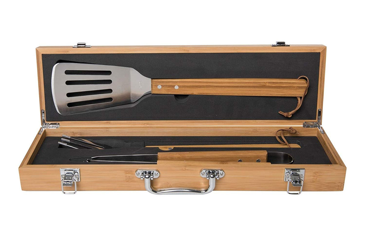 Personalized Wedding Custom Engraved bbq tools grill accessories tool set 3pc Stainless Steel Barbecue Gift set for Outdoor grills (Bamboo) - LifeSong Milestones