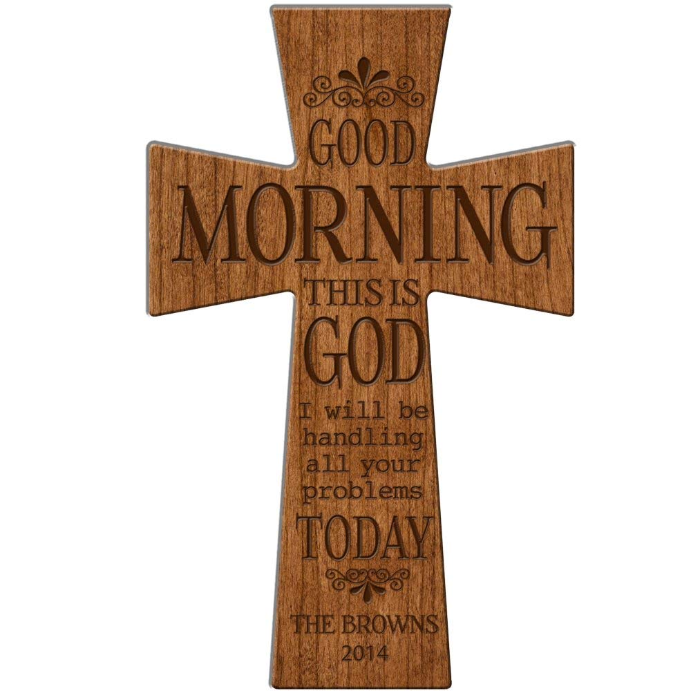 Personalized Wedding Gift &quot;Good Morning This is God&quot; Cherry Wall Cross - LifeSong Milestones