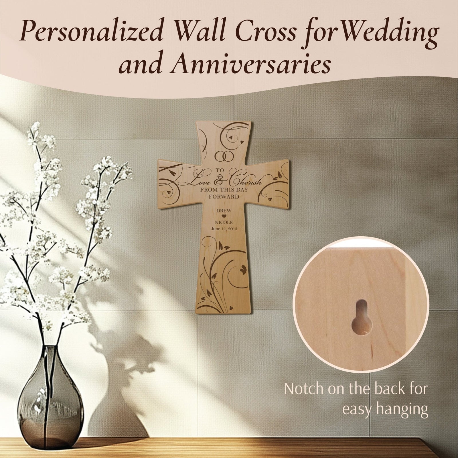 Personalized Wedding Wall Cross - To Love & Cherish | Custom Engraved Gift for Bride and Groom - LifeSong Milestones