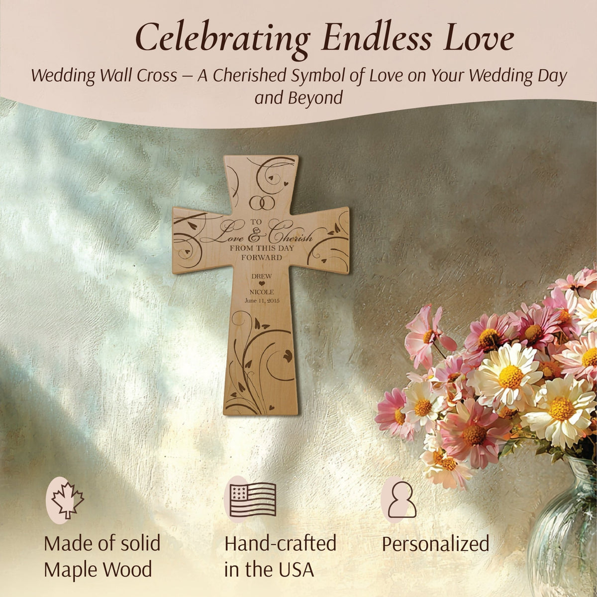 Personalized Wedding Wall Cross - To Love & Cherish | Custom Engraved Gift for Bride and Groom - LifeSong Milestones
