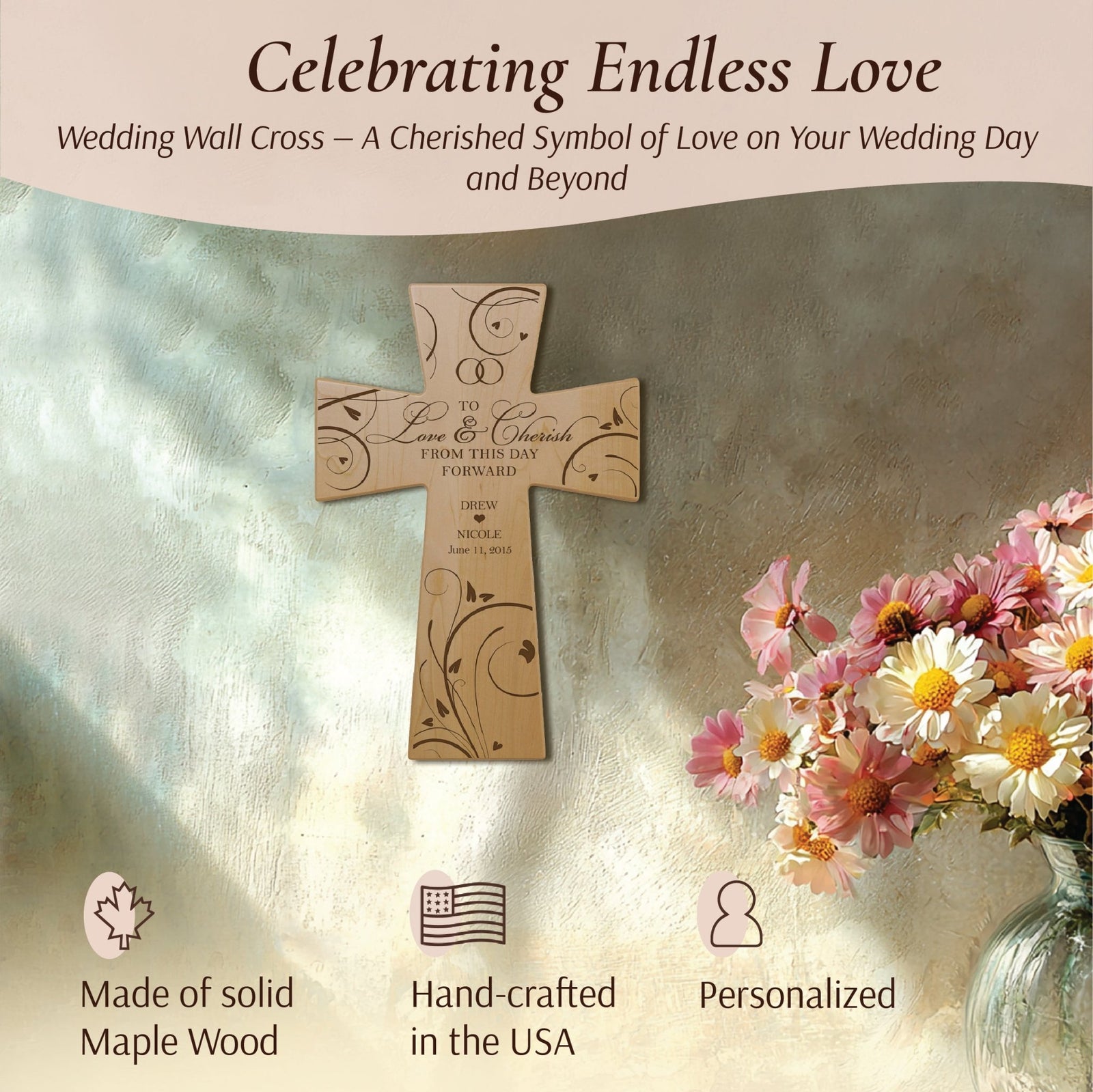 Personalized Wedding Wall Cross - To Love & Cherish | Custom Engraved Gift for Bride and Groom - LifeSong Milestones