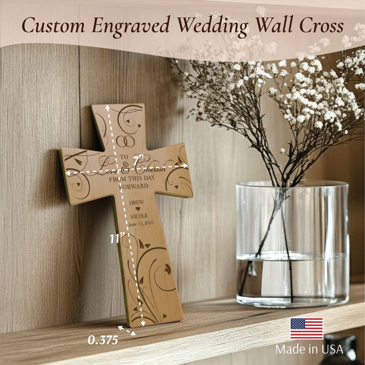 Personalized Wedding Wall Cross - To Love & Cherish | Custom Engraved Gift for Bride and Groom - LifeSong Milestones