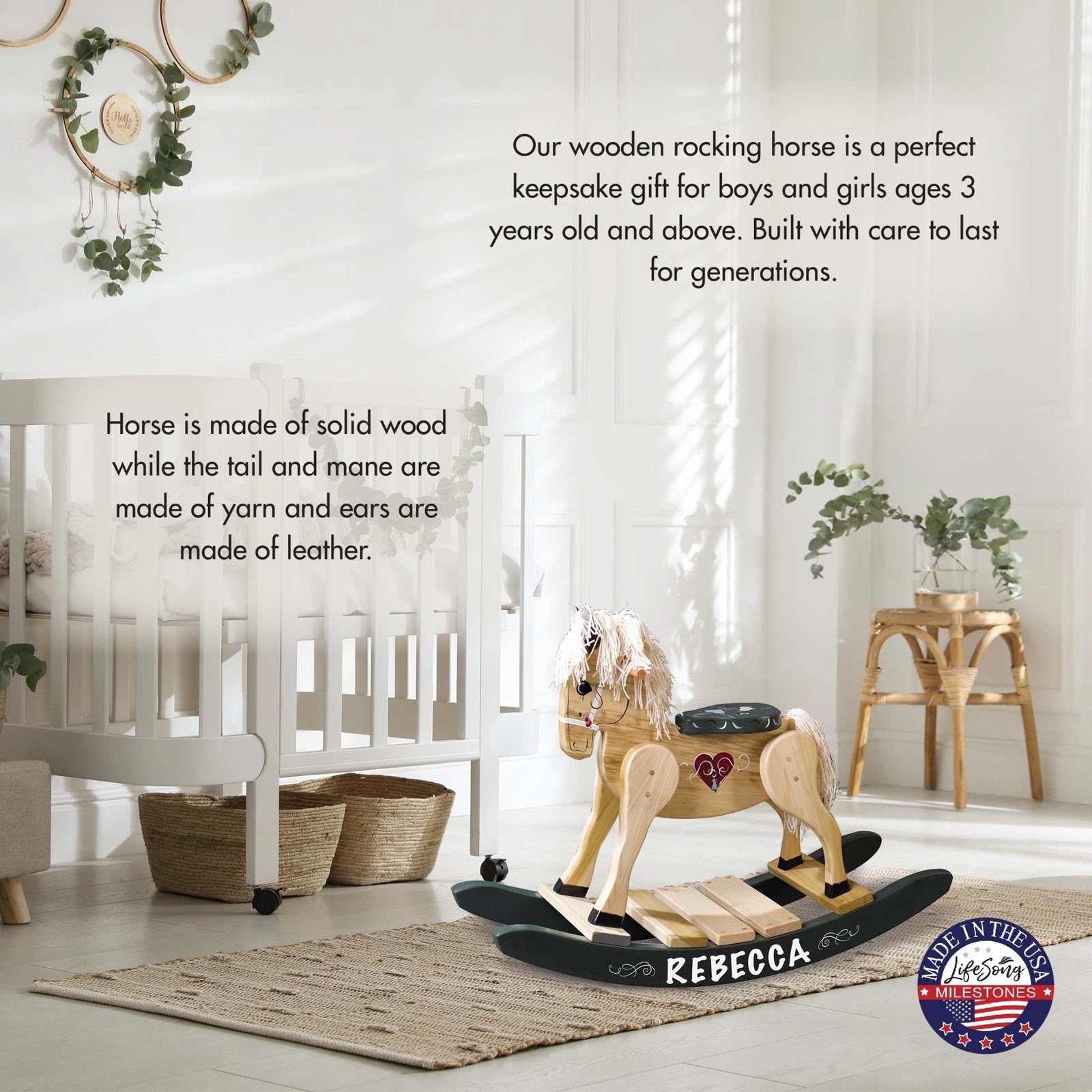 Personalized Wooden Amish Made Rocking Horse for Toddler Boys and Girls| Ride On Toy for Kids Birthday Keepsake Home Decor - LifeSong Milestones