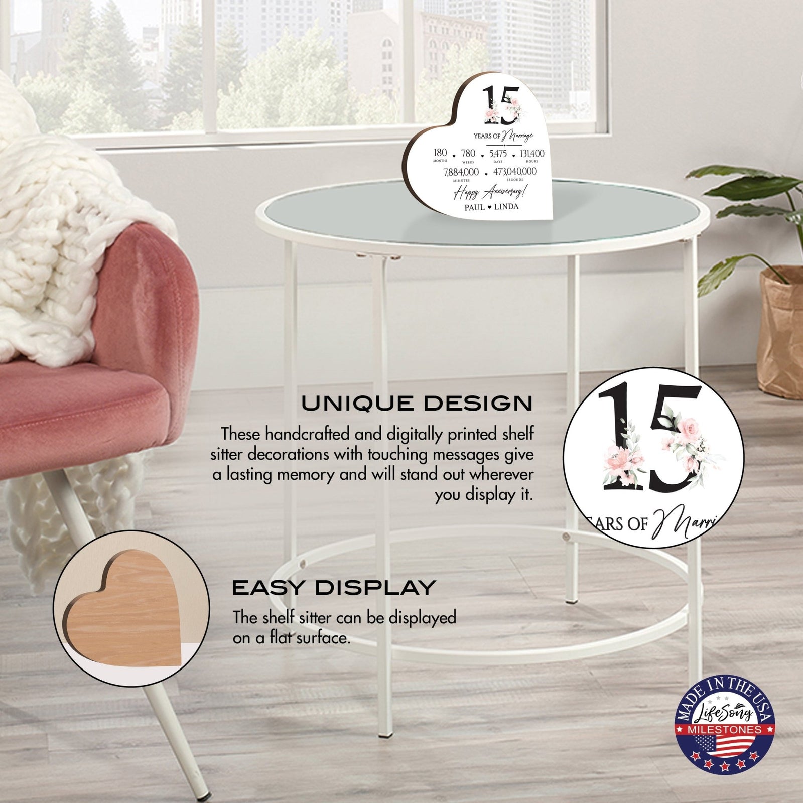 Personalized Wooden Anniversary Heart Shaped Signs - 15th Anniversary - LifeSong Milestones