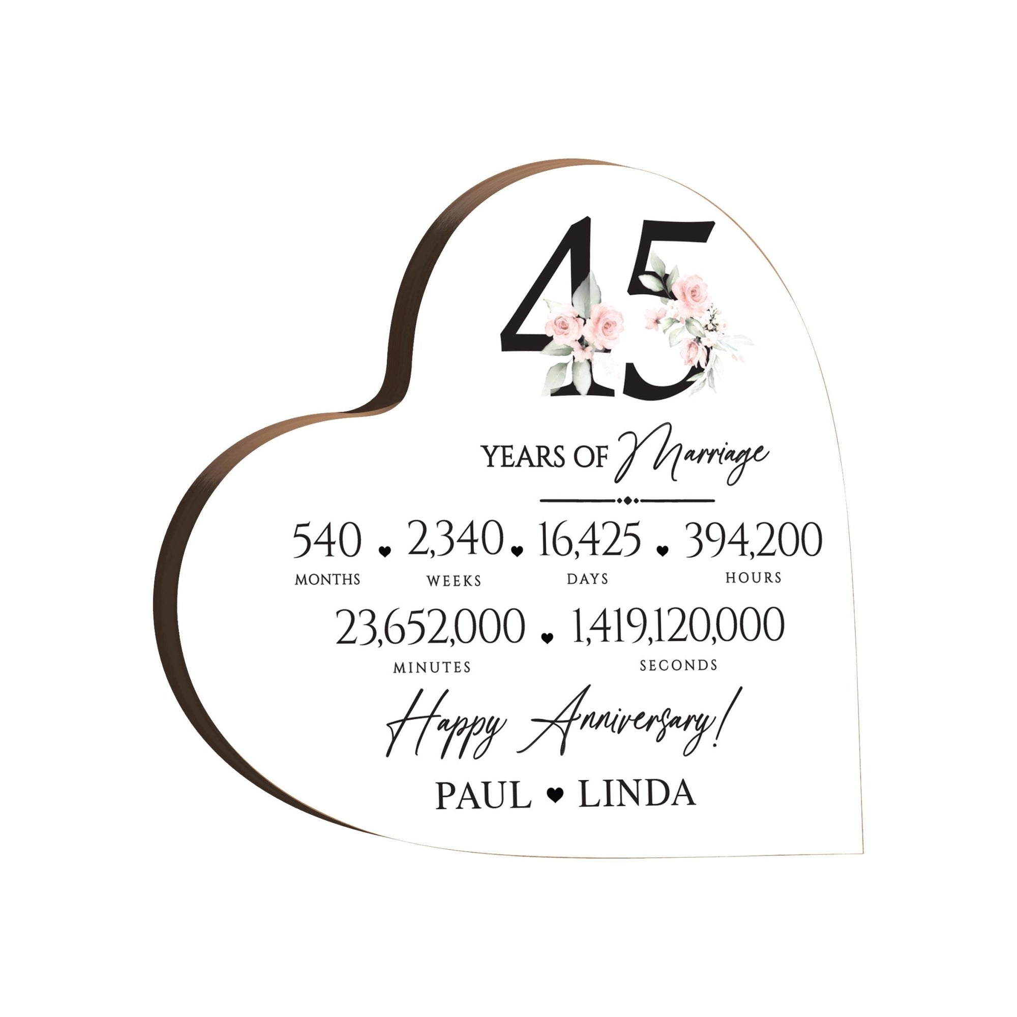 Personalized Wooden Anniversary Heart Shaped Signs - 45th Anniversary - LifeSong Milestones