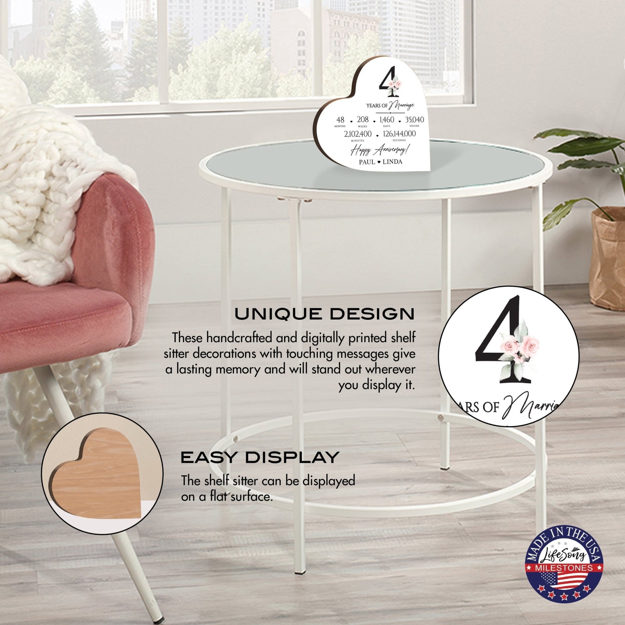 Personalized Wooden Anniversary Heart Shaped Signs - 4th Anniversary - LifeSong Milestones