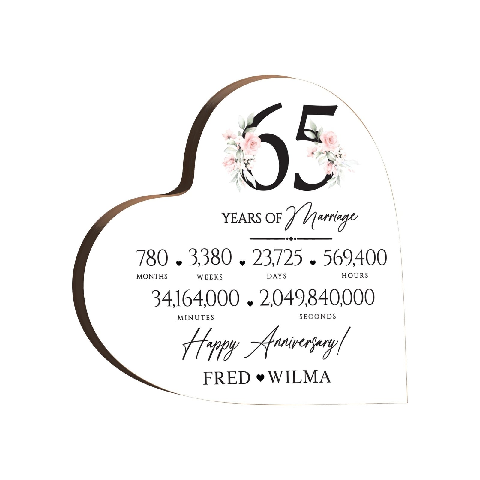 Personalized Wooden Anniversary Heart Shaped Signs - 65th Anniversary - LifeSong Milestones