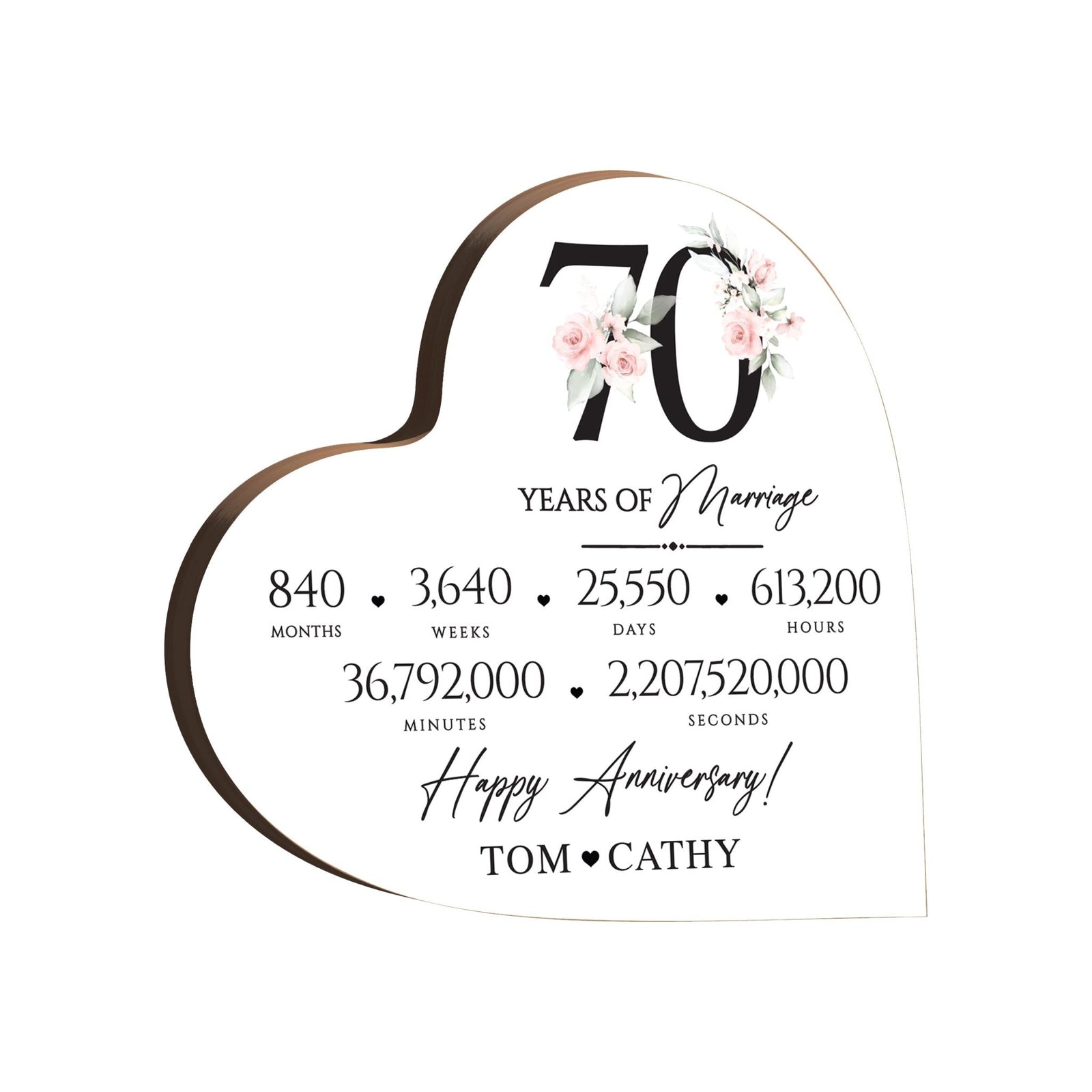 Personalized Wooden Anniversary Heart Shaped Signs - 70th Anniversary - LifeSong Milestones