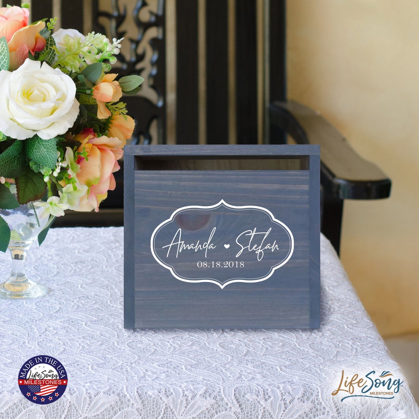 Personalized Wooden Card Box for Wedding Ceremonies, Venues, Receptions, Bridal Showers, and Engagement Parties 13.5x12 - Amanda & Stefan (Borders) - LifeSong Milestones