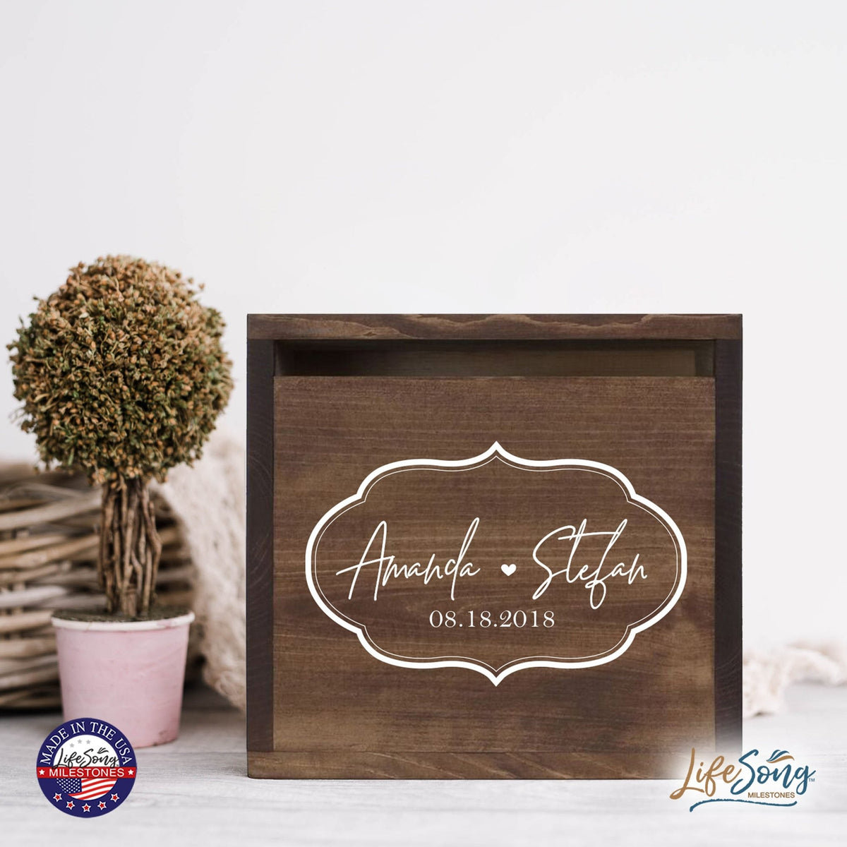 Personalized Wooden Card Box for Wedding Ceremonies, Venues, Receptions, Bridal Showers, and Engagement Parties 13.5x12 - Amanda & Stefan (Borders) - LifeSong Milestones