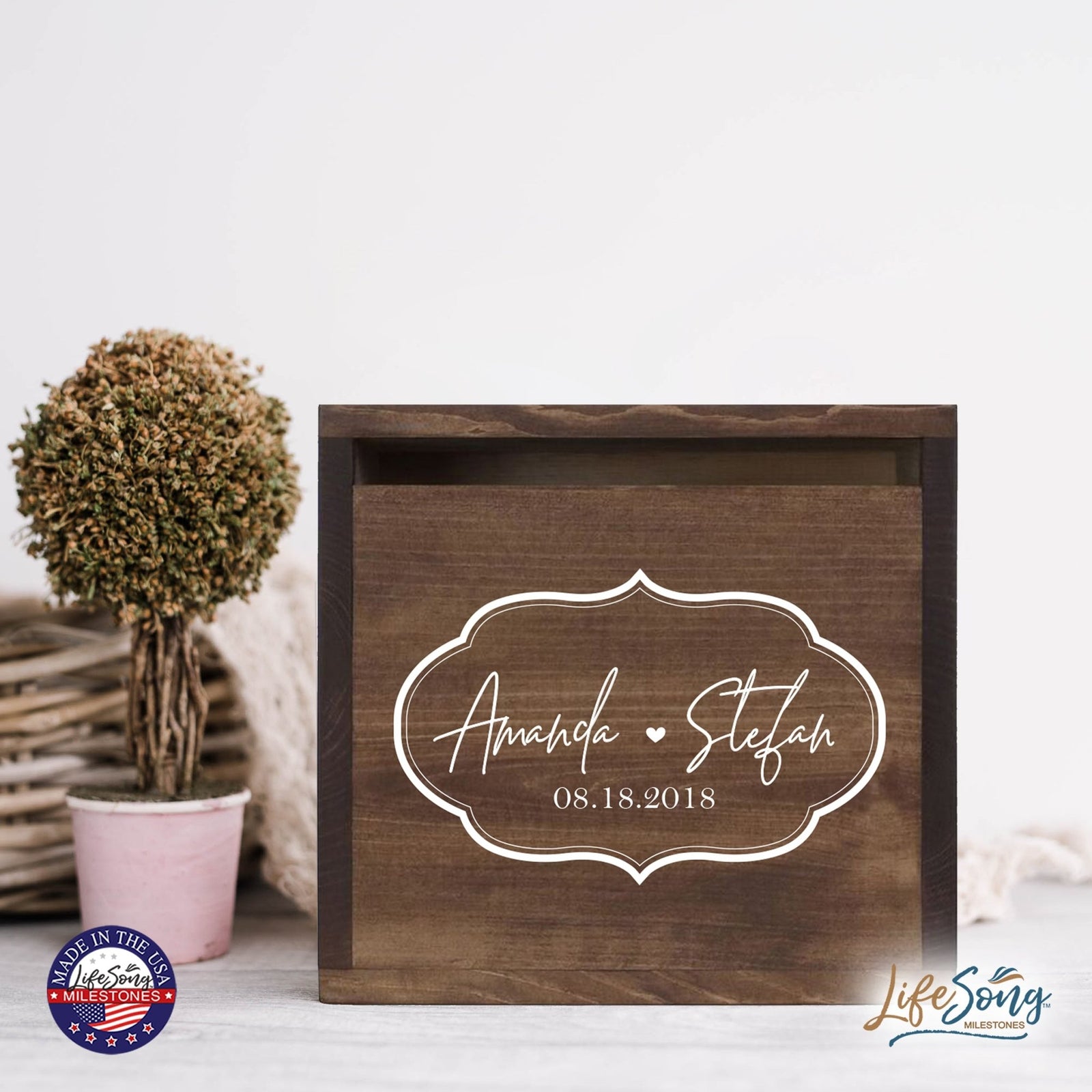 Personalized Wooden Card Box for Wedding Ceremonies, Venues, Receptions, Bridal Showers, and Engagement Parties 13.5x12 - Amanda & Stefan (Borders) - LifeSong Milestones