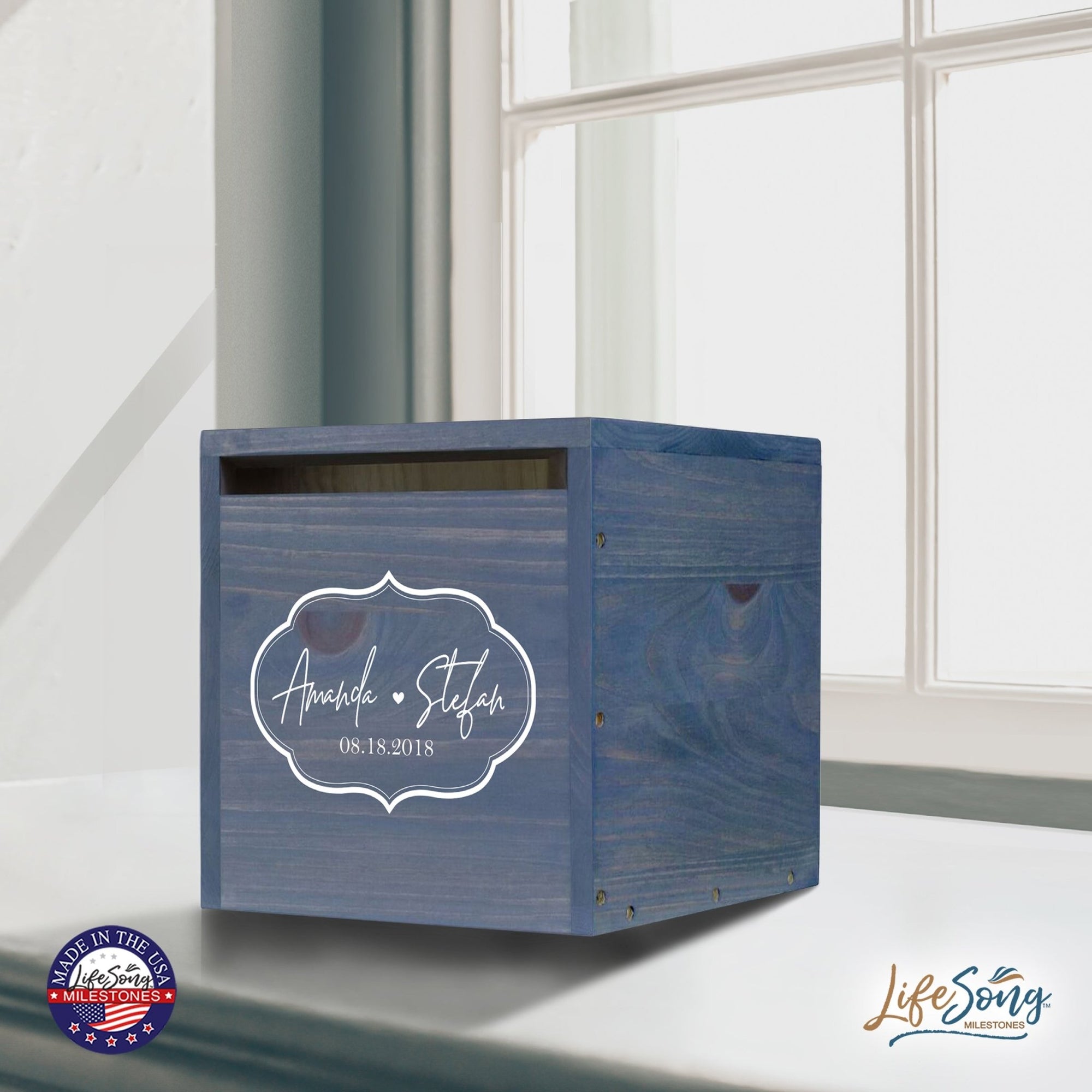 Personalized Wooden Card Box for Wedding Ceremonies, Venues, Receptions, Bridal Showers, and Engagement Parties 13.5x12 - Amanda & Stefan (Borders) - LifeSong Milestones
