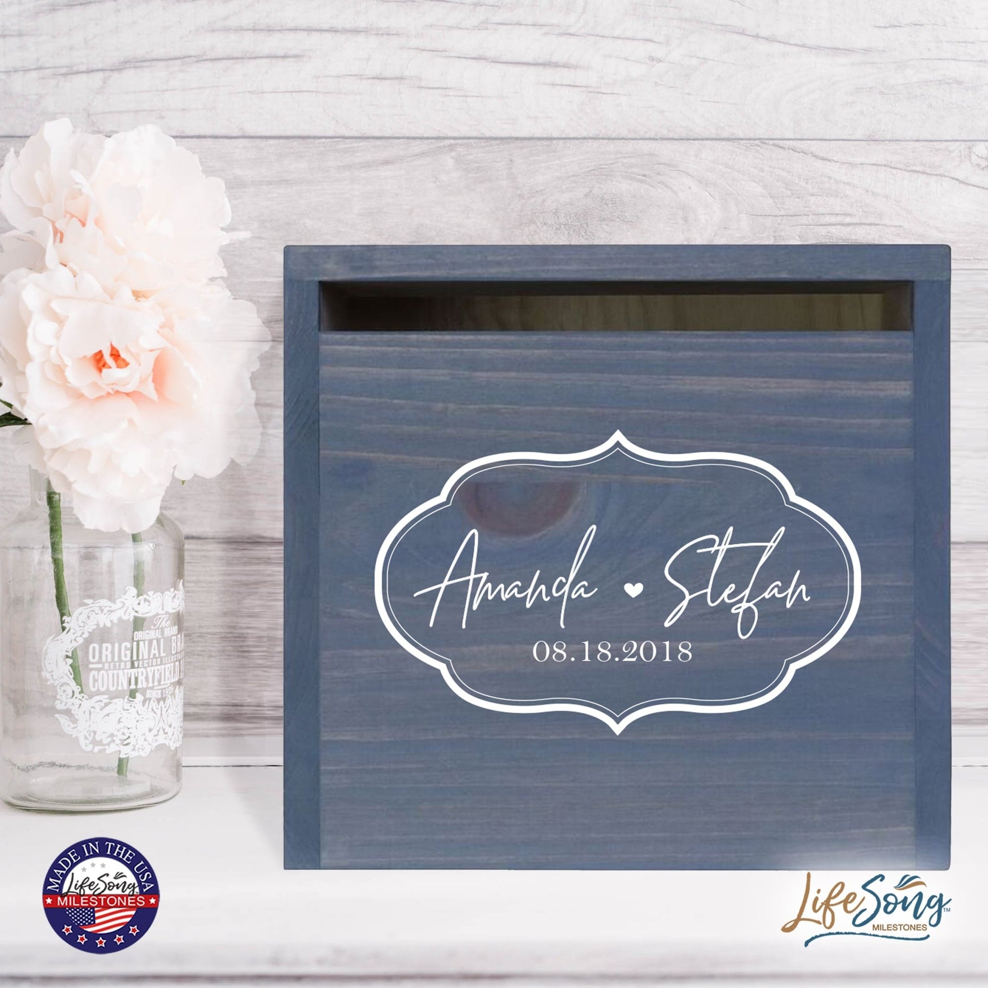 Personalized Wooden Card Box for Wedding Ceremonies, Venues, Receptions, Bridal Showers, and Engagement Parties 13.5x12 - Amanda & Stefan (Borders) - LifeSong Milestones