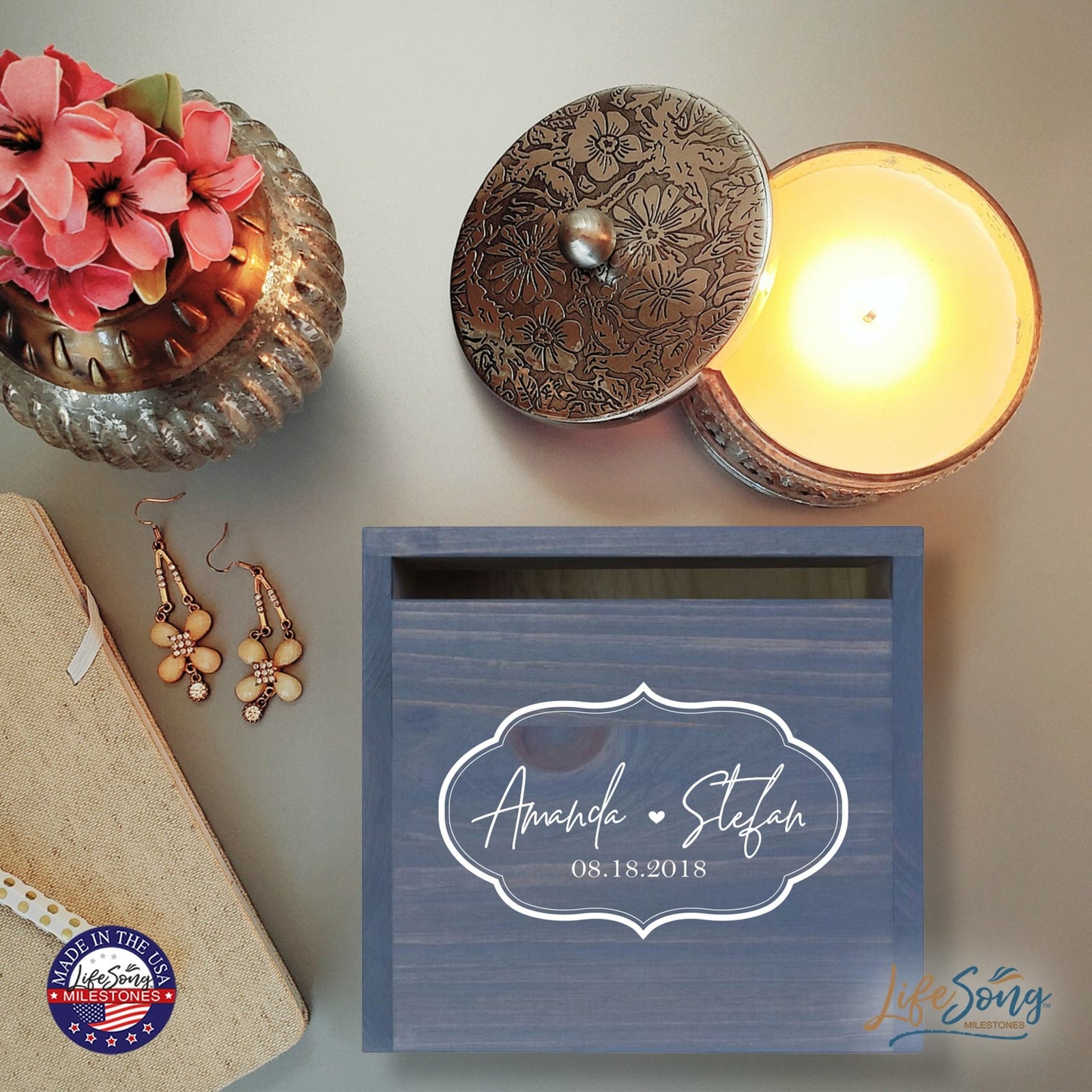 Personalized Wooden Card Box for Wedding Ceremonies, Venues, Receptions, Bridal Showers, and Engagement Parties 13.5x12 - Amanda & Stefan (Borders) - LifeSong Milestones