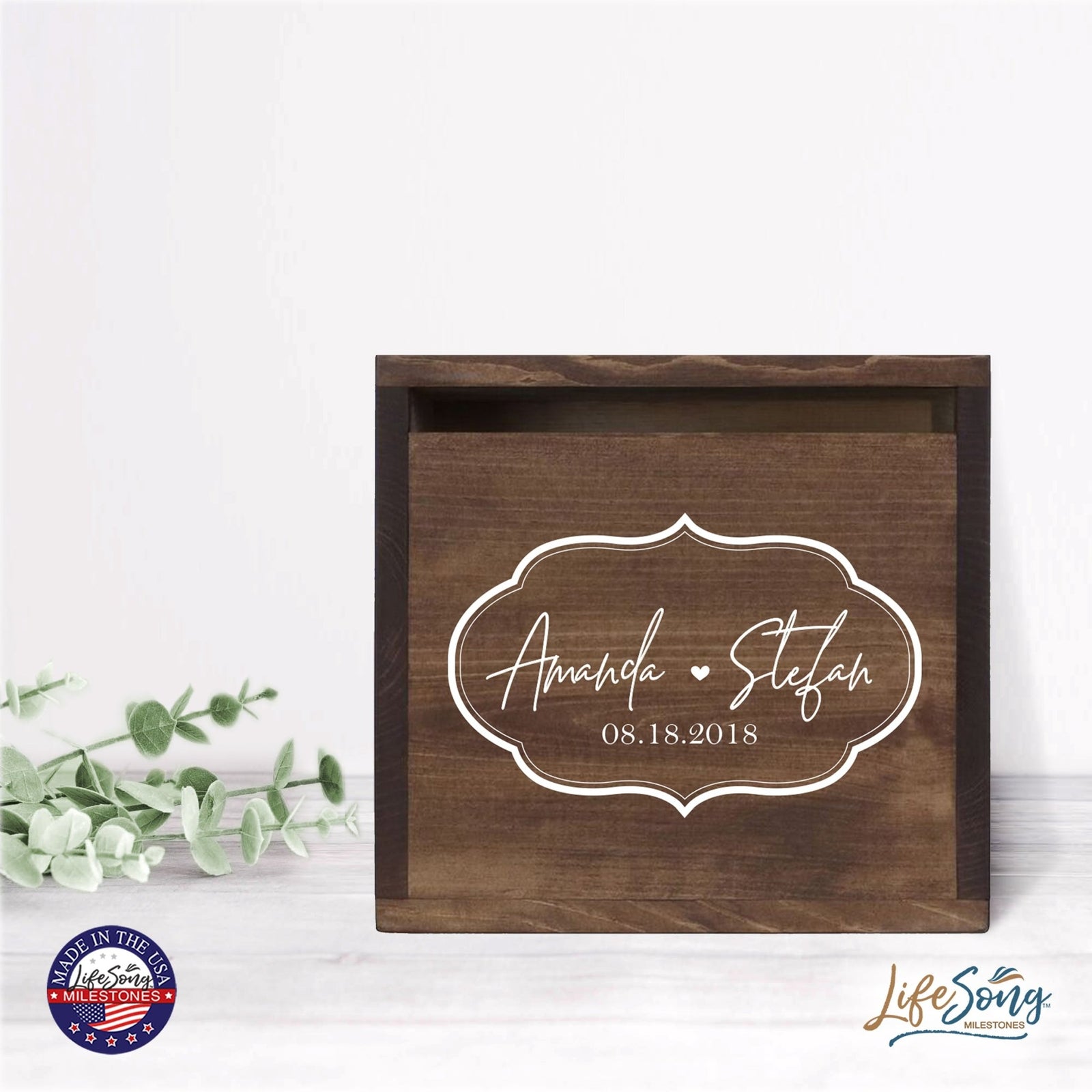 Personalized Wooden Card Box for Wedding Ceremonies, Venues, Receptions, Bridal Showers, and Engagement Parties 13.5x12 - Amanda & Stefan (Borders) - LifeSong Milestones