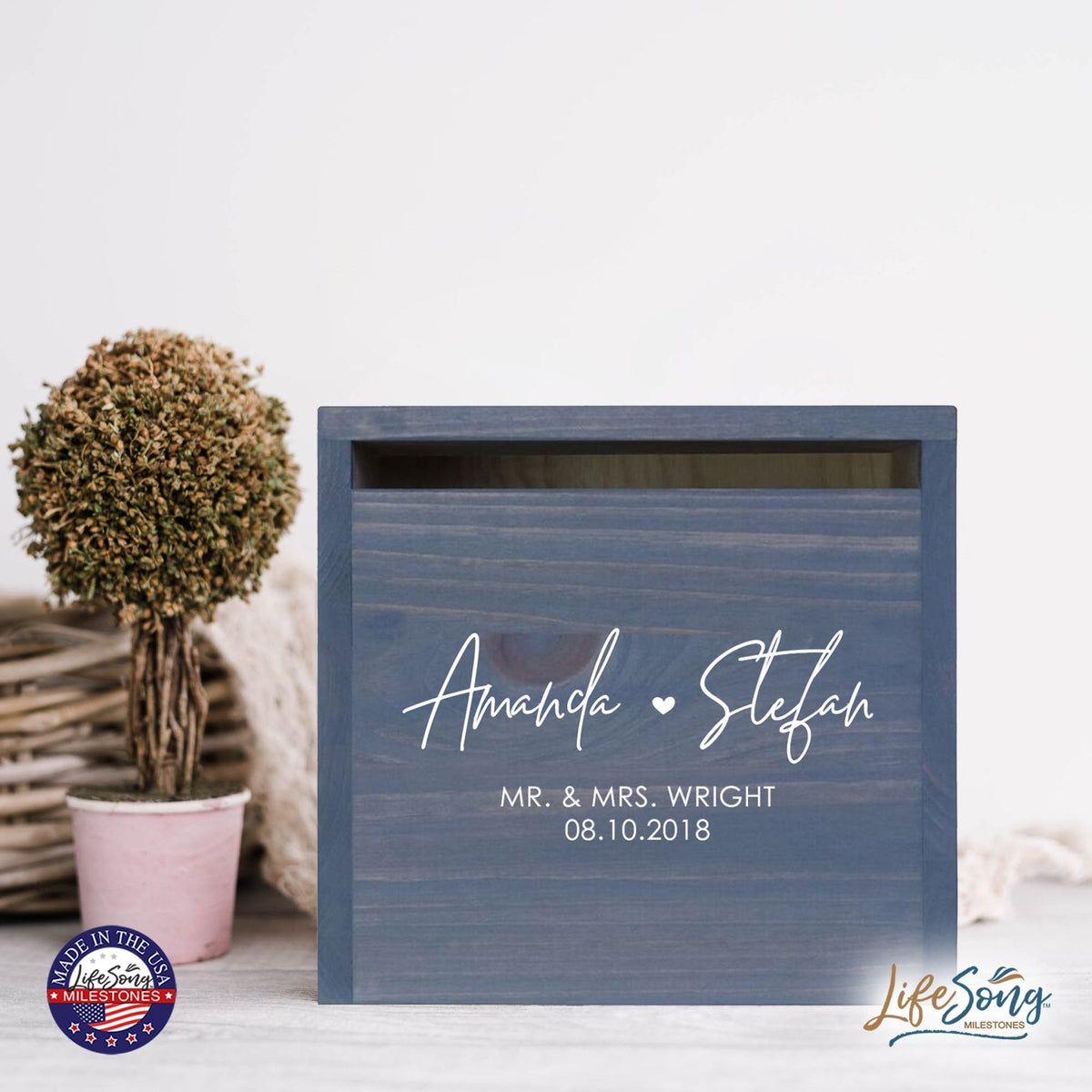 Personalized Wooden Card Box for Wedding Ceremonies, Venues, Receptions, Bridal Showers, and Engagement Parties 13.5x12 - Amanda & Stefan (Heart) - LifeSong Milestones