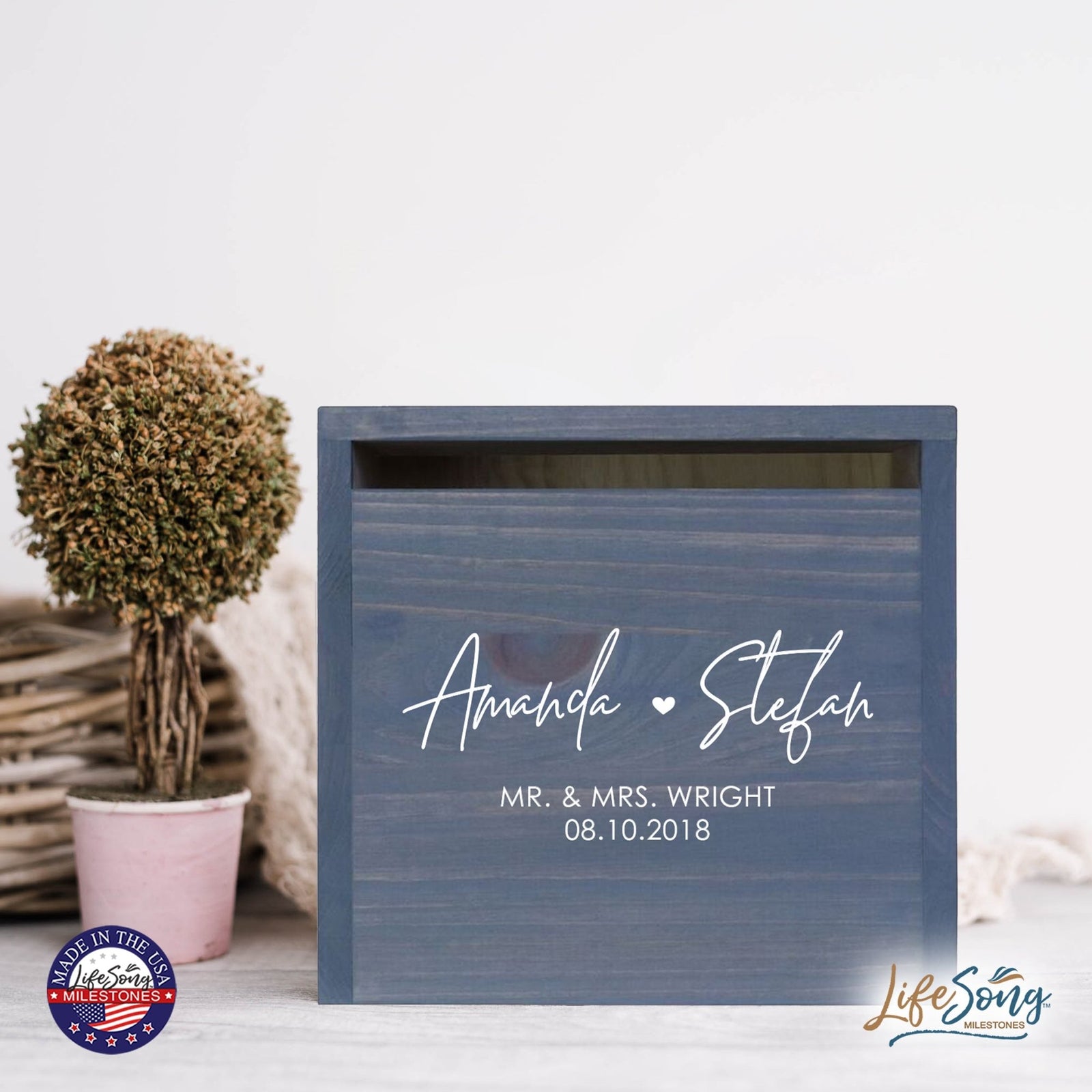 Personalized Wooden Card Box for Wedding Ceremonies, Venues, Receptions, Bridal Showers, and Engagement Parties 13.5x12 - Amanda & Stefan (Heart) - LifeSong Milestones