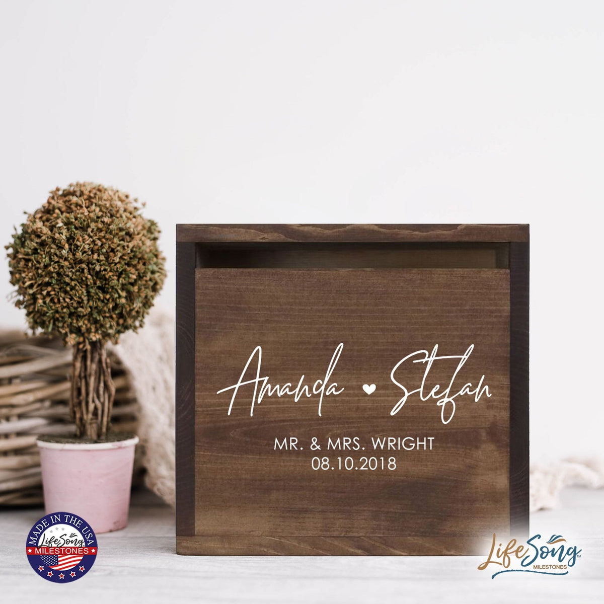 Personalized Wooden Card Box for Wedding Ceremonies, Venues, Receptions, Bridal Showers, and Engagement Parties 13.5x12 - Amanda & Stefan (Heart) - LifeSong Milestones