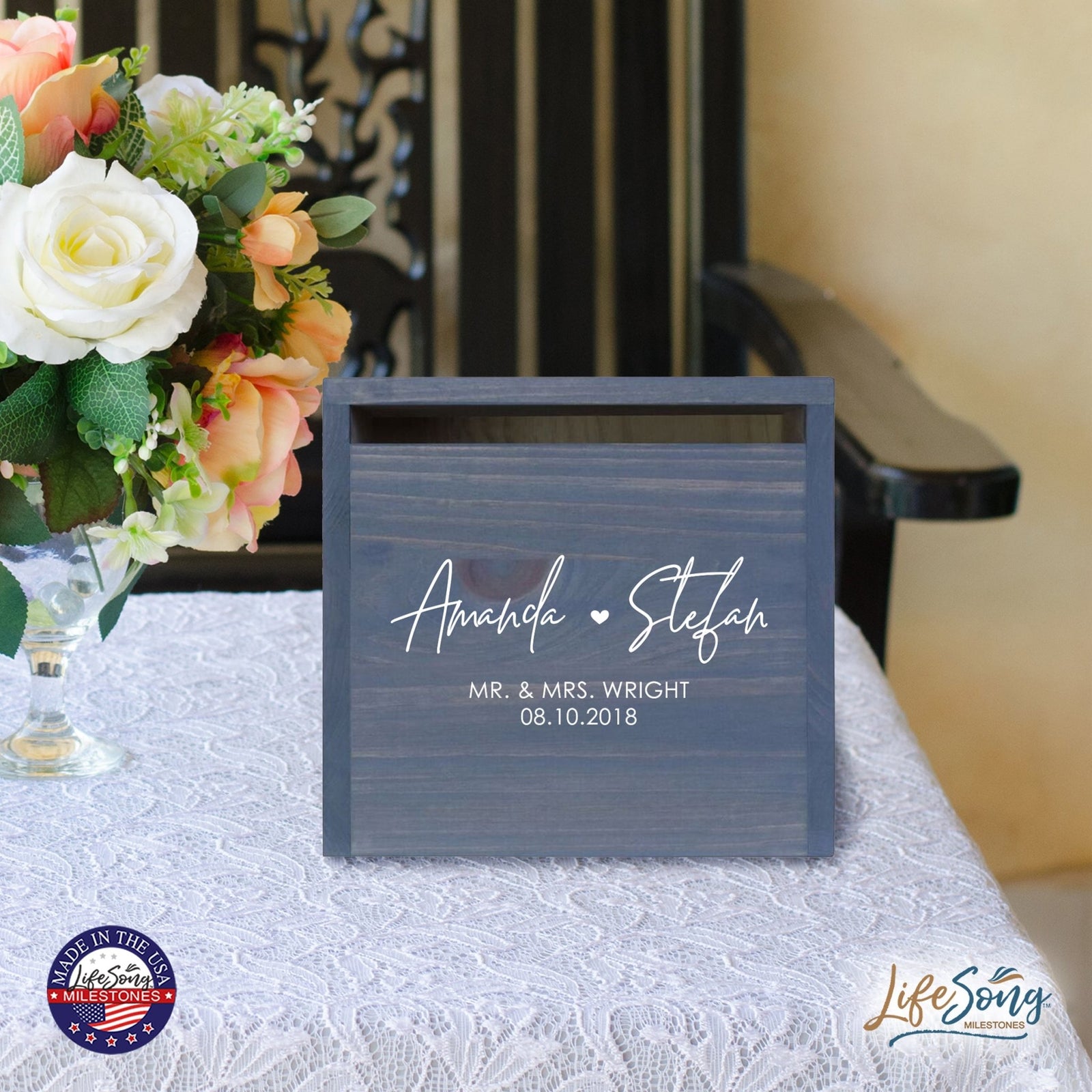 Personalized Wooden Card Box for Wedding Ceremonies, Venues, Receptions, Bridal Showers, and Engagement Parties 13.5x12 - Amanda & Stefan (Heart) - LifeSong Milestones