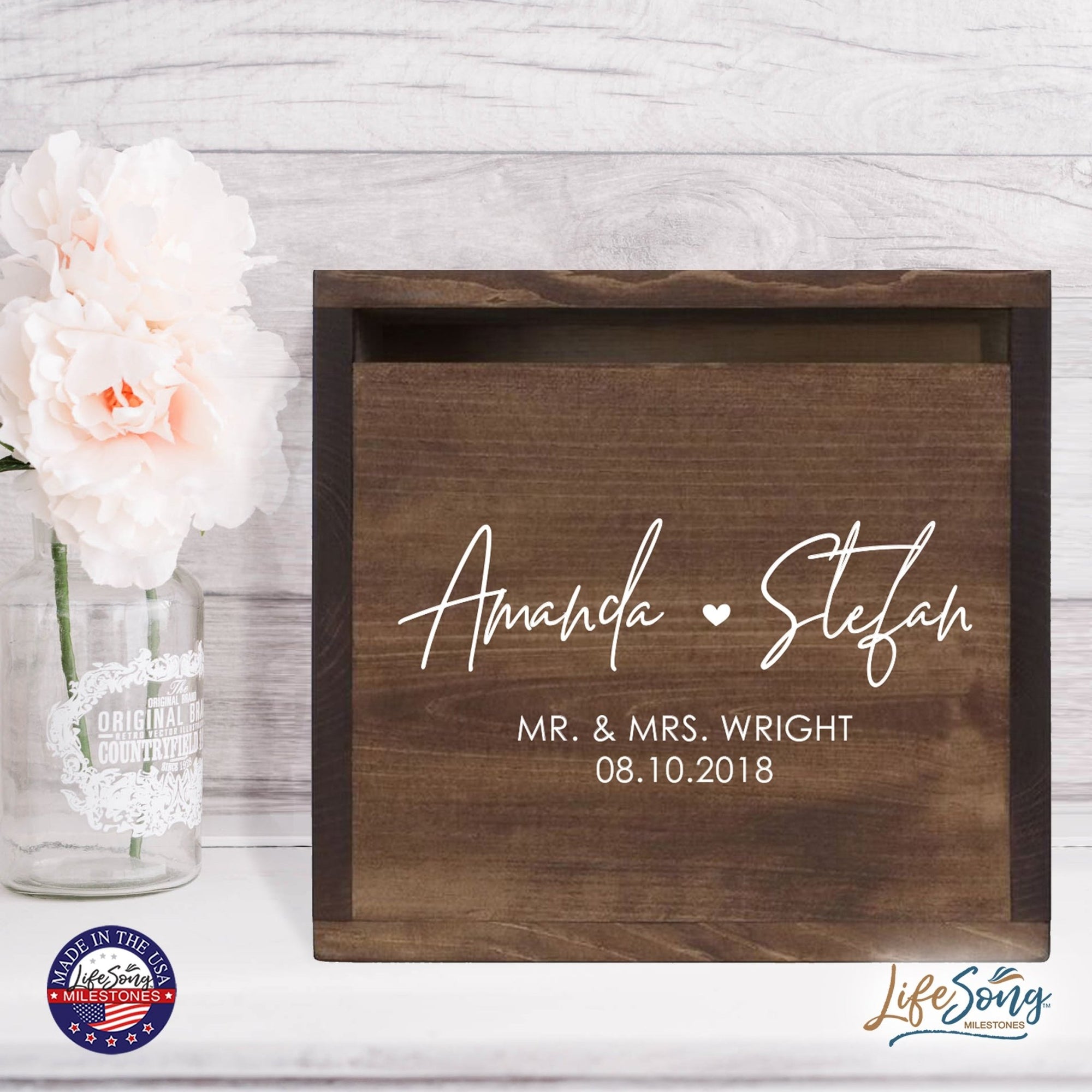 Personalized Wooden Card Box for Wedding Ceremonies, Venues, Receptions, Bridal Showers, and Engagement Parties 13.5x12 - Amanda & Stefan (Heart) - LifeSong Milestones