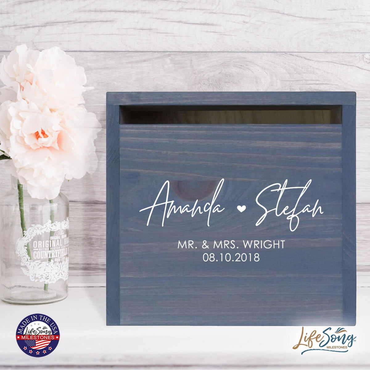 Personalized Wooden Card Box for Wedding Ceremonies, Venues, Receptions, Bridal Showers, and Engagement Parties 13.5x12 - Amanda & Stefan (Heart) - LifeSong Milestones