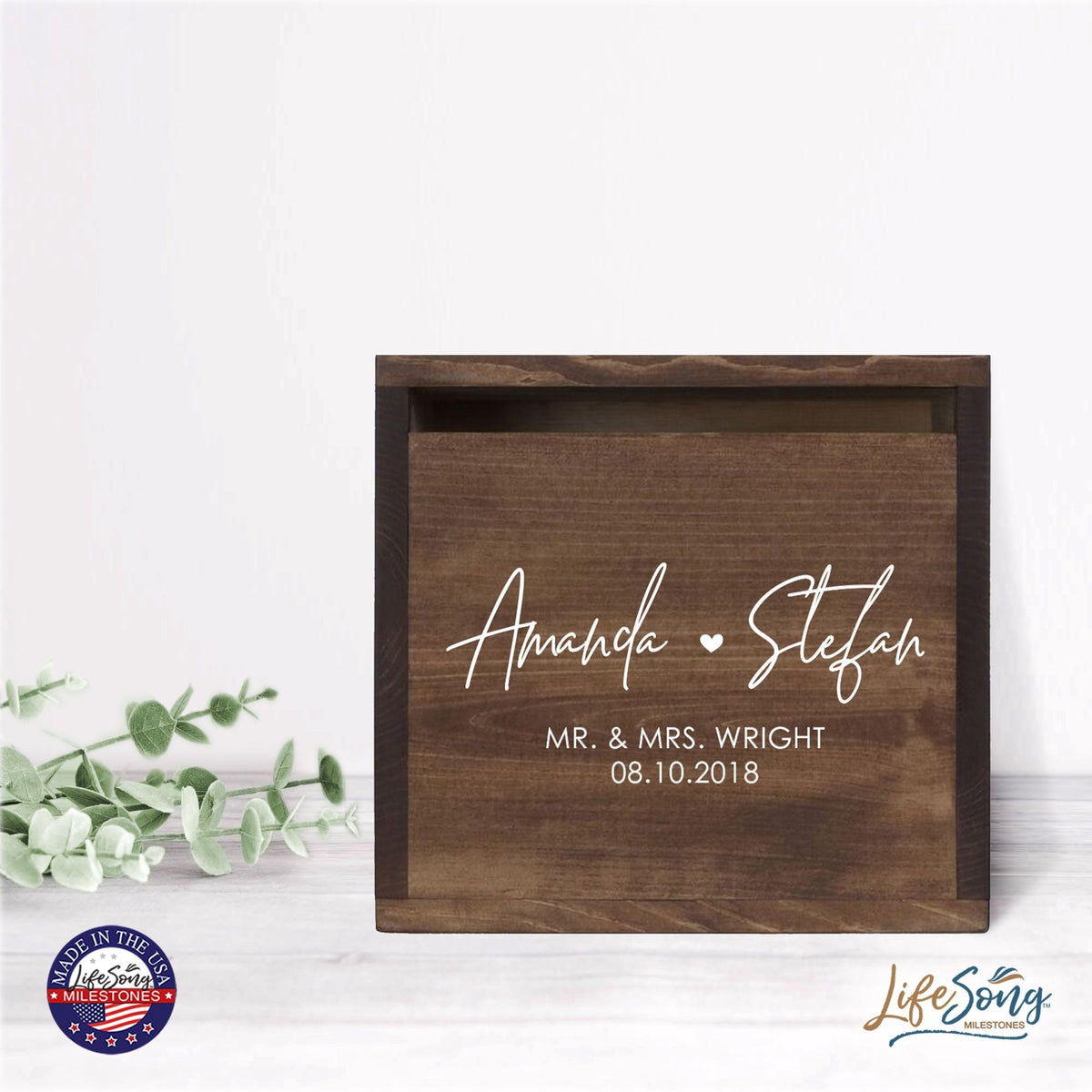 Personalized Wooden Card Box for Wedding Ceremonies, Venues, Receptions, Bridal Showers, and Engagement Parties 13.5x12 - Amanda & Stefan (Heart) - LifeSong Milestones