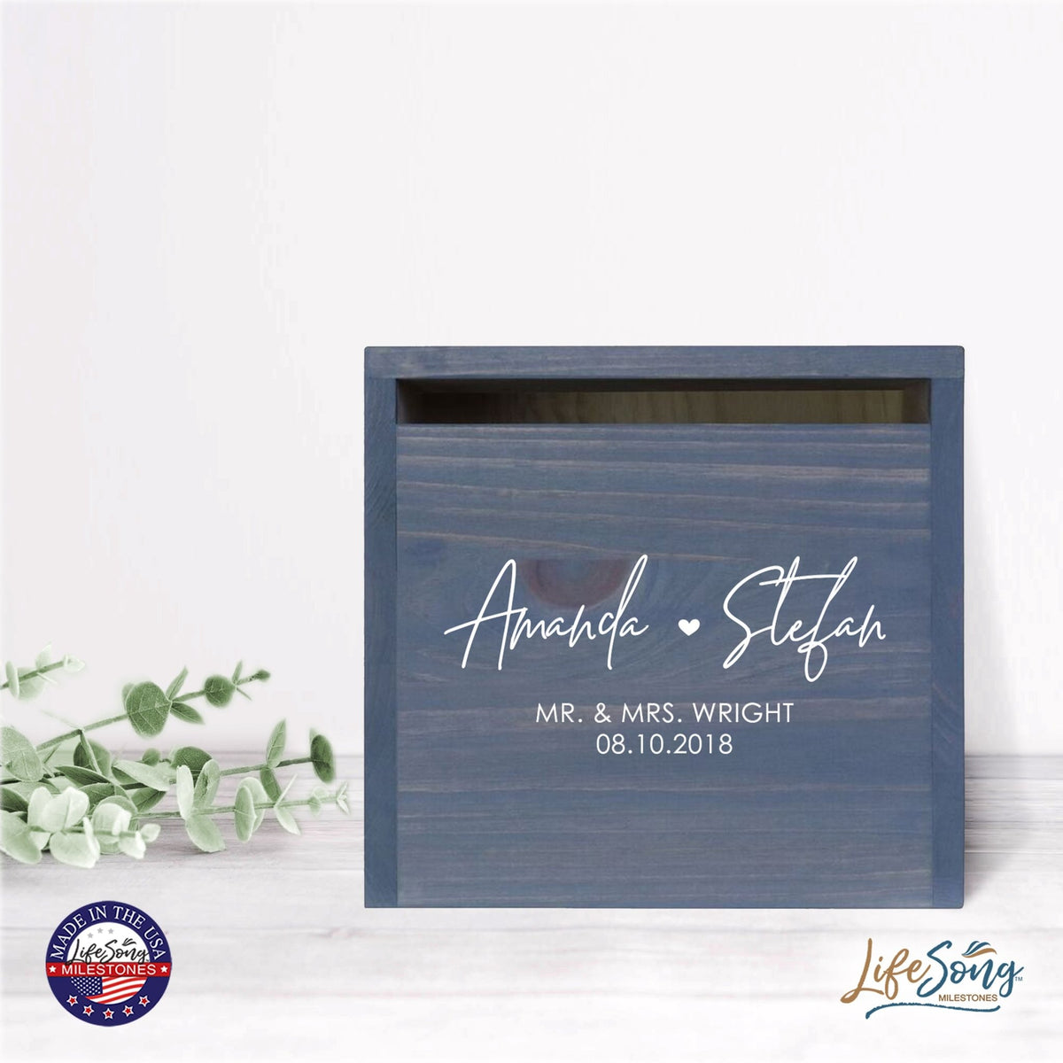 Personalized Wooden Card Box for Wedding Ceremonies, Venues, Receptions, Bridal Showers, and Engagement Parties 13.5x12 - Amanda & Stefan (Heart) - LifeSong Milestones