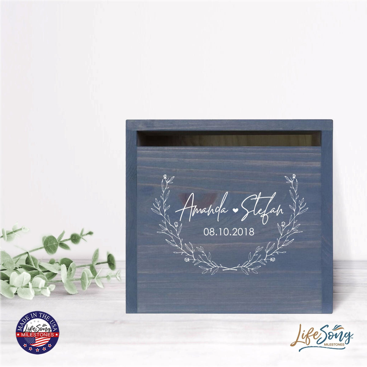 Personalized Wooden Card Box for Wedding Ceremonies, Venues, Receptions, Bridal Showers, and Engagement Parties 13.5x12 - Amanda & Stefan (Leaves) - LifeSong Milestones