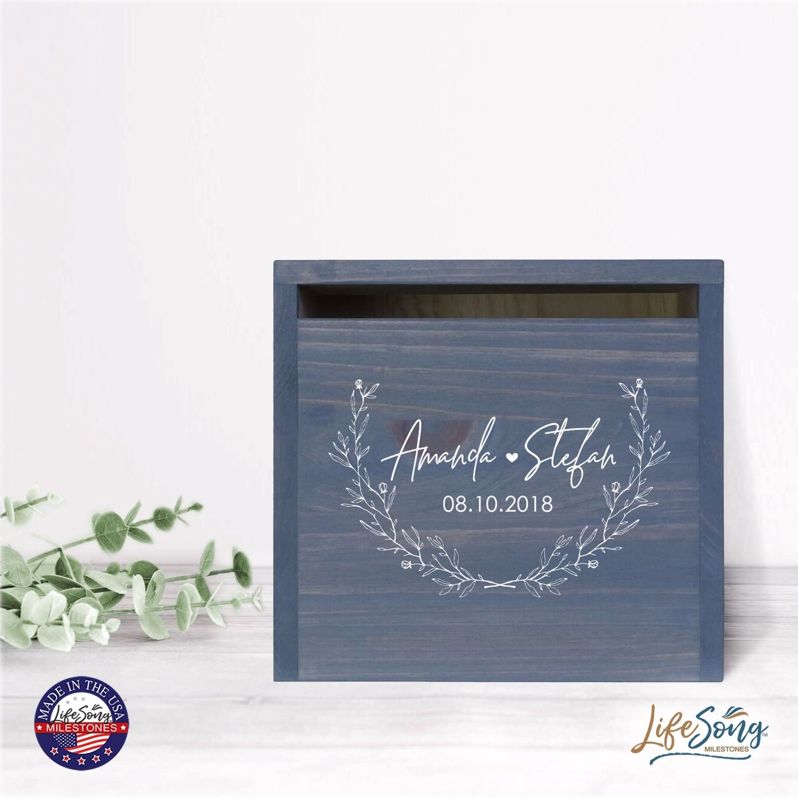 Personalized Wooden Card Box for Wedding Ceremonies, Venues, Receptions, Bridal Showers, and Engagement Parties 13.5x12 - Amanda & Stefan (Leaves) - LifeSong Milestones