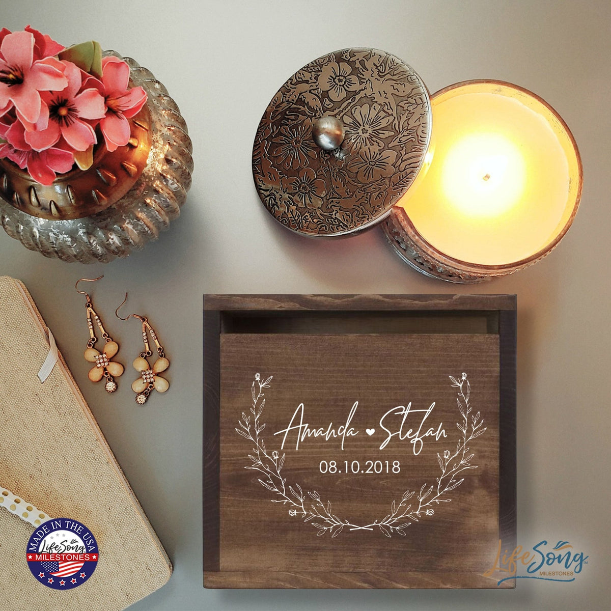 Personalized Wooden Card Box for Wedding Ceremonies, Venues, Receptions, Bridal Showers, and Engagement Parties 13.5x12 - Amanda & Stefan (Leaves) - LifeSong Milestones